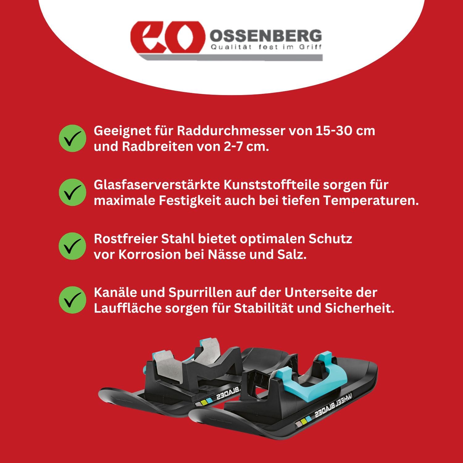 Ossenberg WHEELBLADES XL – Schneekufen für Kinderwagen, Rollatoren und Fahrradanhänger – Ski Kufen mit patentiertem Schnellverschluss – für sichere Winterausflüge