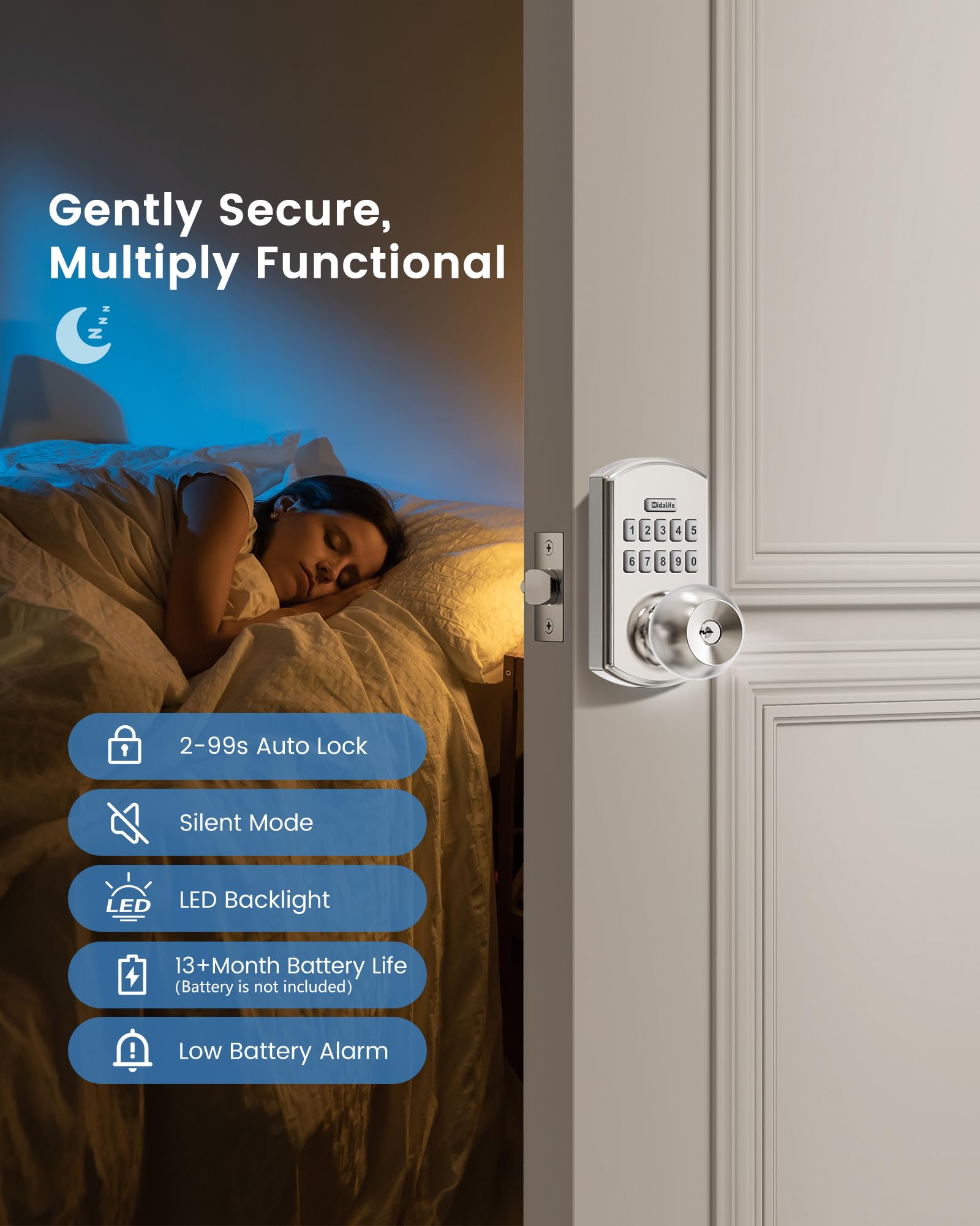Hidalife Pomo de puerta inteligente con teclado, cerradura de puerta de entrada sin llave para puerta delantera, modo de paso fácil, código único, níquel satinado