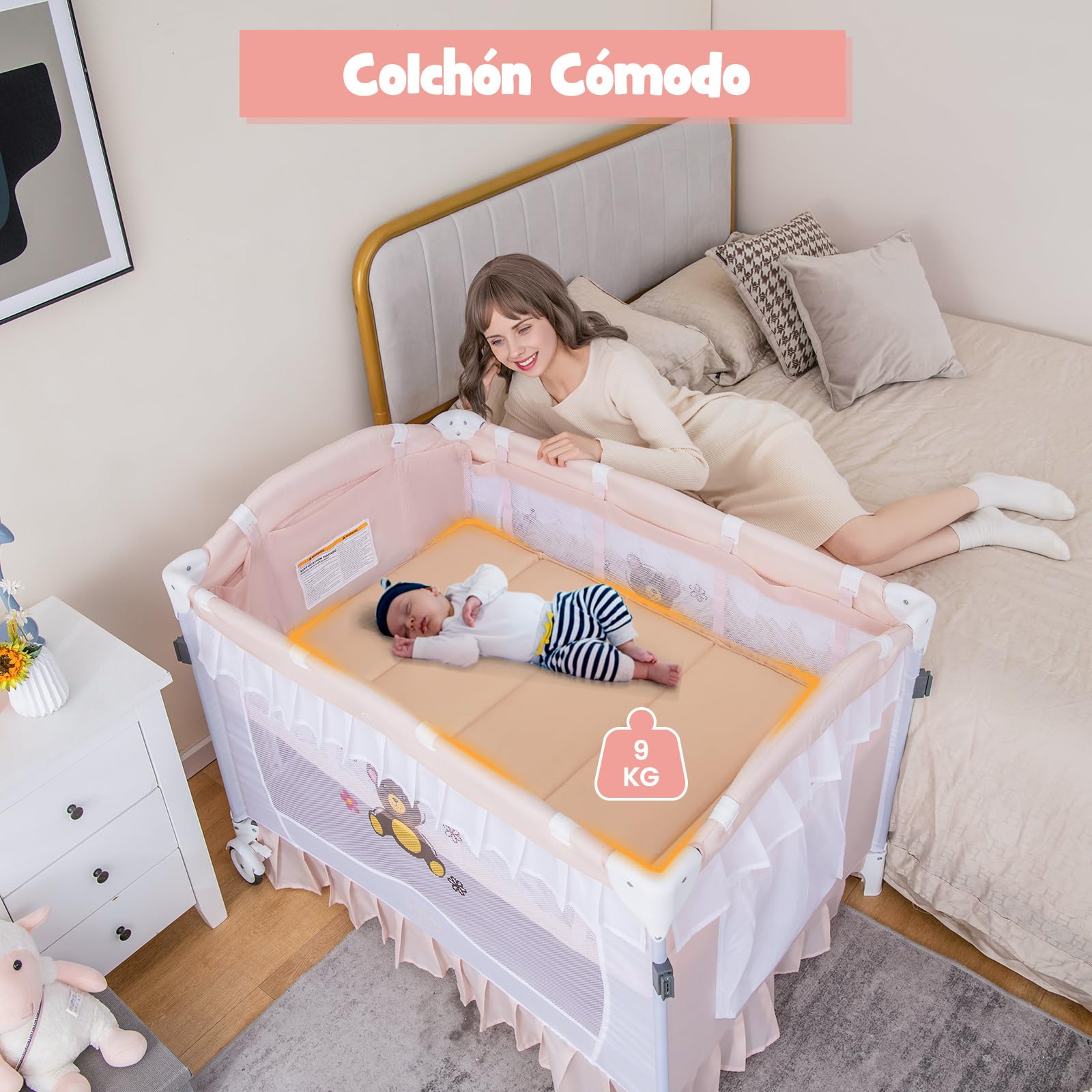 COSTWAY 4 en 1 Cuna Portátil, Moisés Convertible con Cambiador Desmontable, Cama Cuna Plegable con Red Desmontable y Ruedas Bloqueables, Caja de Música y Juguetes Giratorios,Bolsa de Transporte (Rosa)