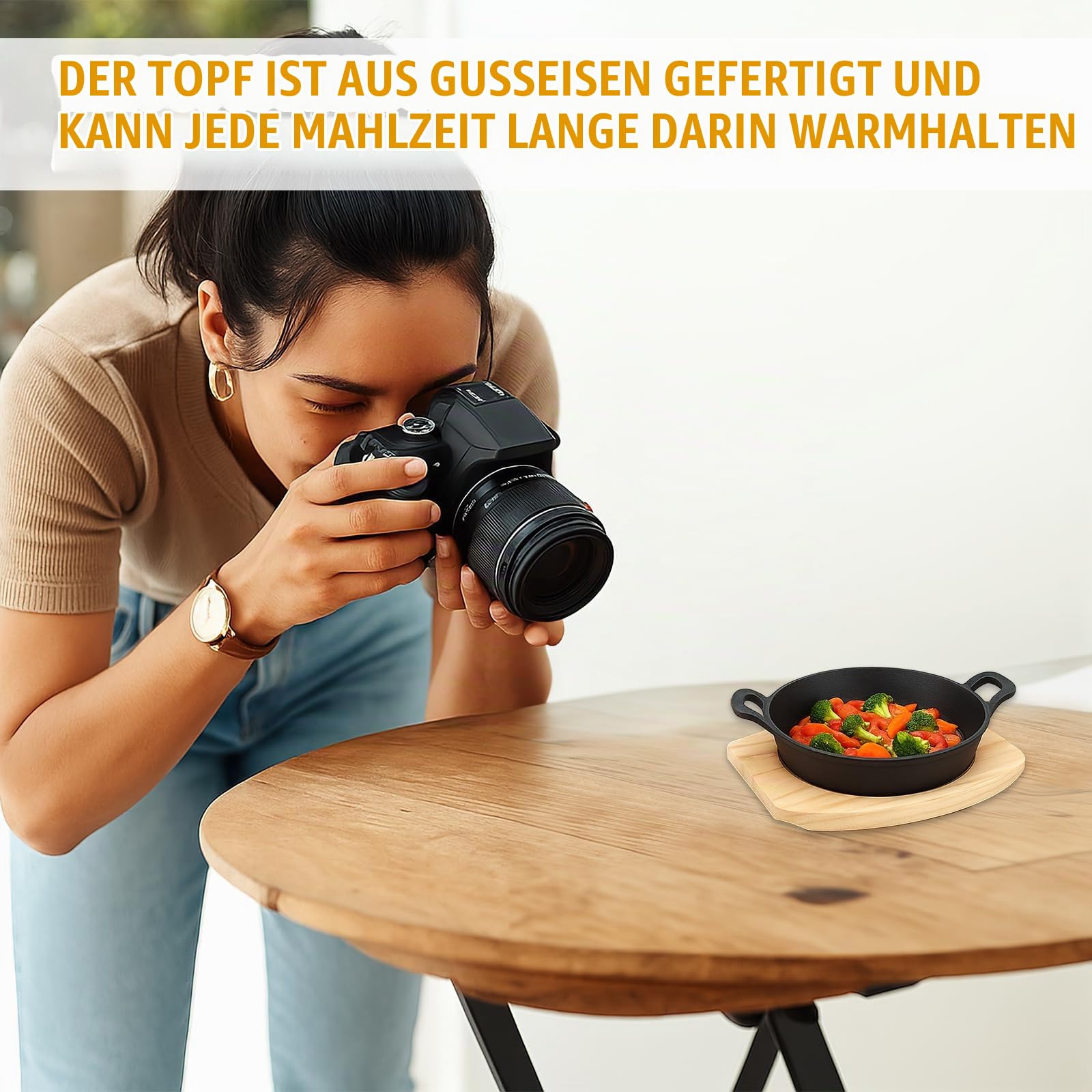 4er-Set Klein Gusseisen-Servierschalen, 14 cm Grillpfännchen mit Holzbrett
