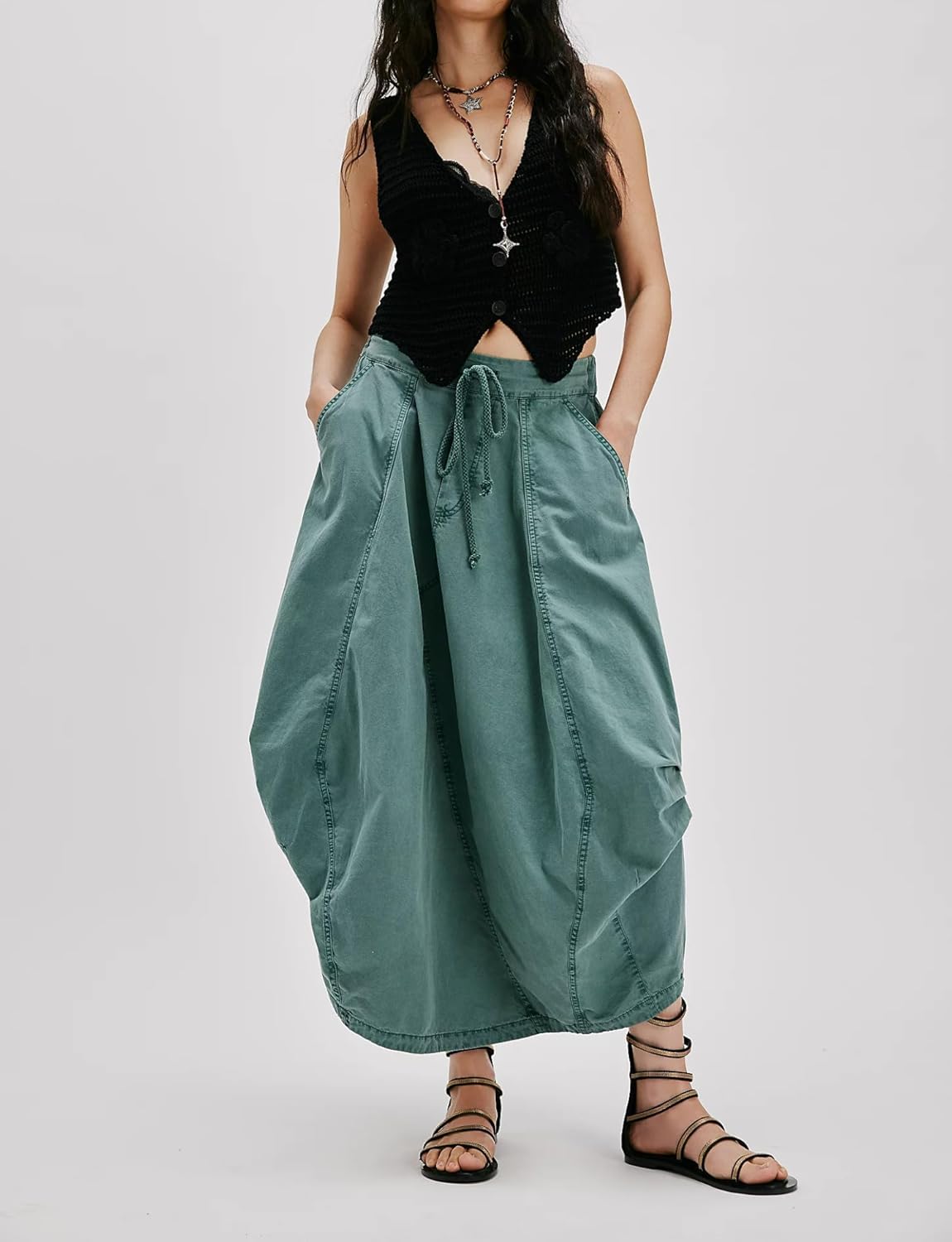 Cargo Skirt Women Cotton Maxi Skirts Baggy Drawstring Bubble Skirt Casual Poplin Parachute Skirts with Pockets 2026