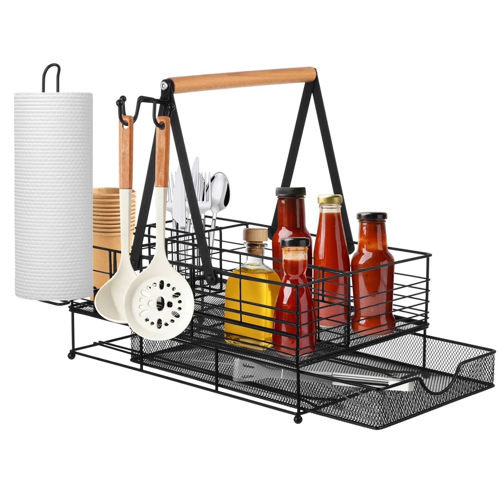Photo 1 of 1 Pack Large Grill Caddy, BBQ Tool Organizer with Paper Towel Holder, Powder-Coated Steel Caddy Organizer, Rust-Resistant, 3 Side Hooks, Adjustable Dividers, Camping, RV, Black