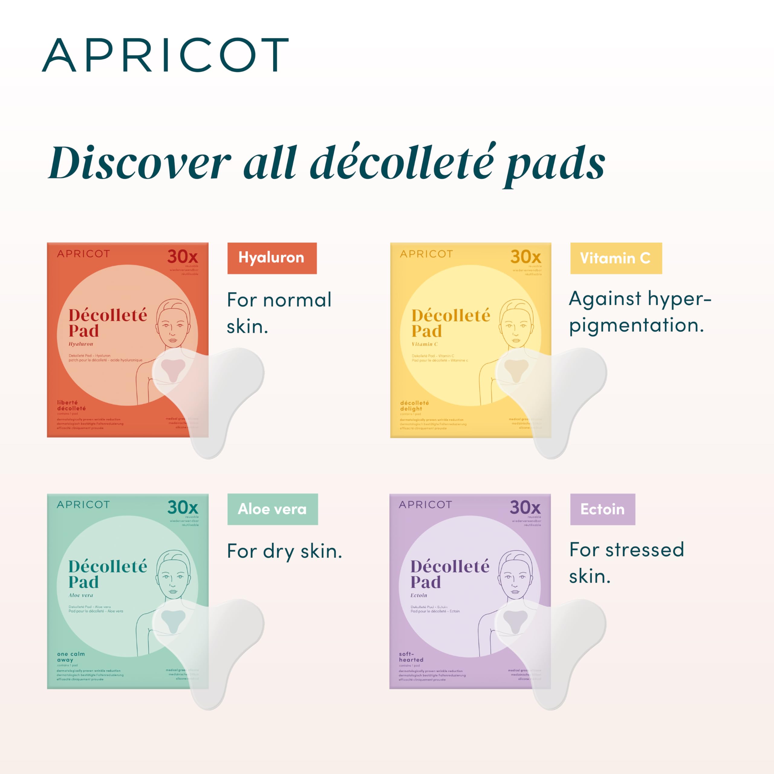 APRICOT decollete Pad antirughe in silicone medico con acido ialuronico a basso peso molecolare – Riutilizzabile fino a 30 volte, dermatologicamente confermato, vegano e senza sperimentazione su
