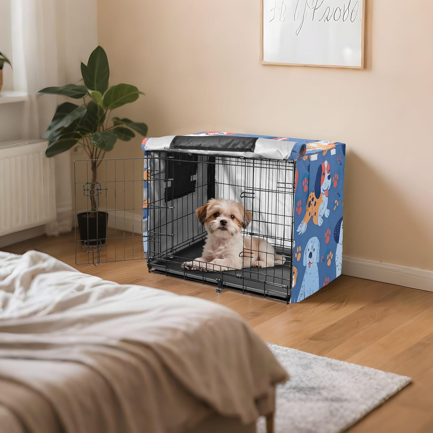 Cute Dogs Dog Crate Cover Easy to Install, Pet Cage Cover with Mesh Windows, Large