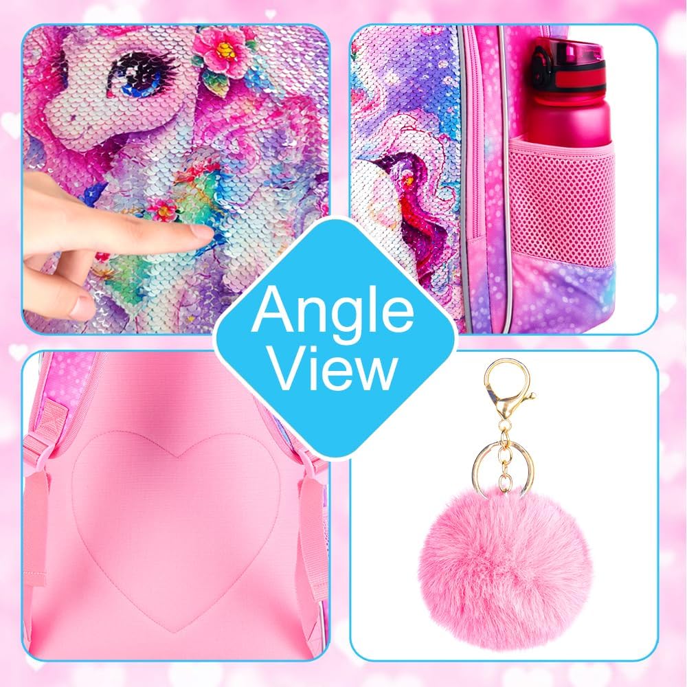 UFNDC 3PCS Backpack for Girls with Lunch Box,16”Kids Sequin Bookbag with Lunch Box, School Bag for Elementary Toddler - Image 5