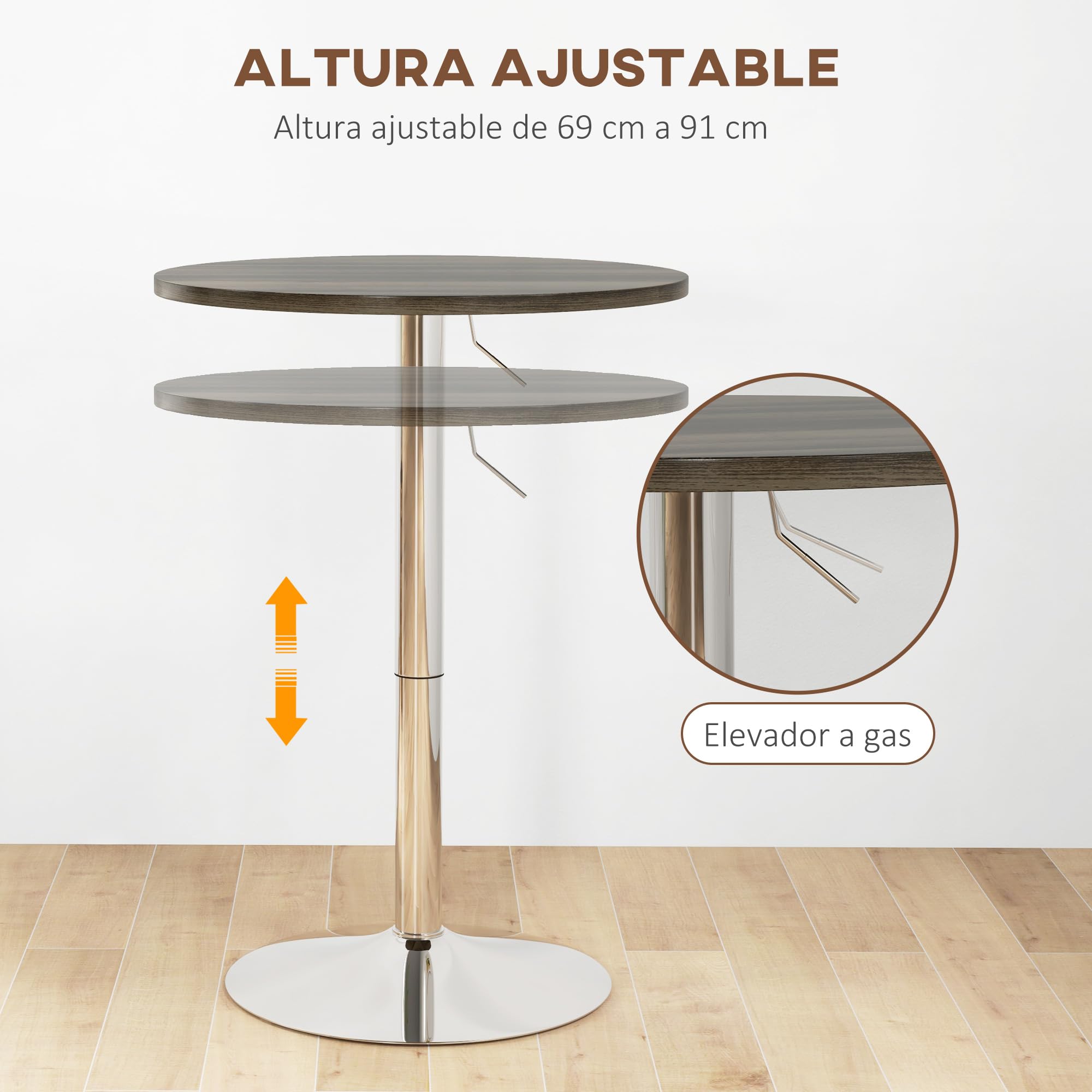 HOMCOM Mesa Alta Cocina, Mesa Alta Bar Redonda para 2 Personas, Altura Ajustable 69-91 cm, Tablero Giratorio 360°, Base de Acero, para Salón, Comedor, Cocina, 60x60x91 cm, Nogal