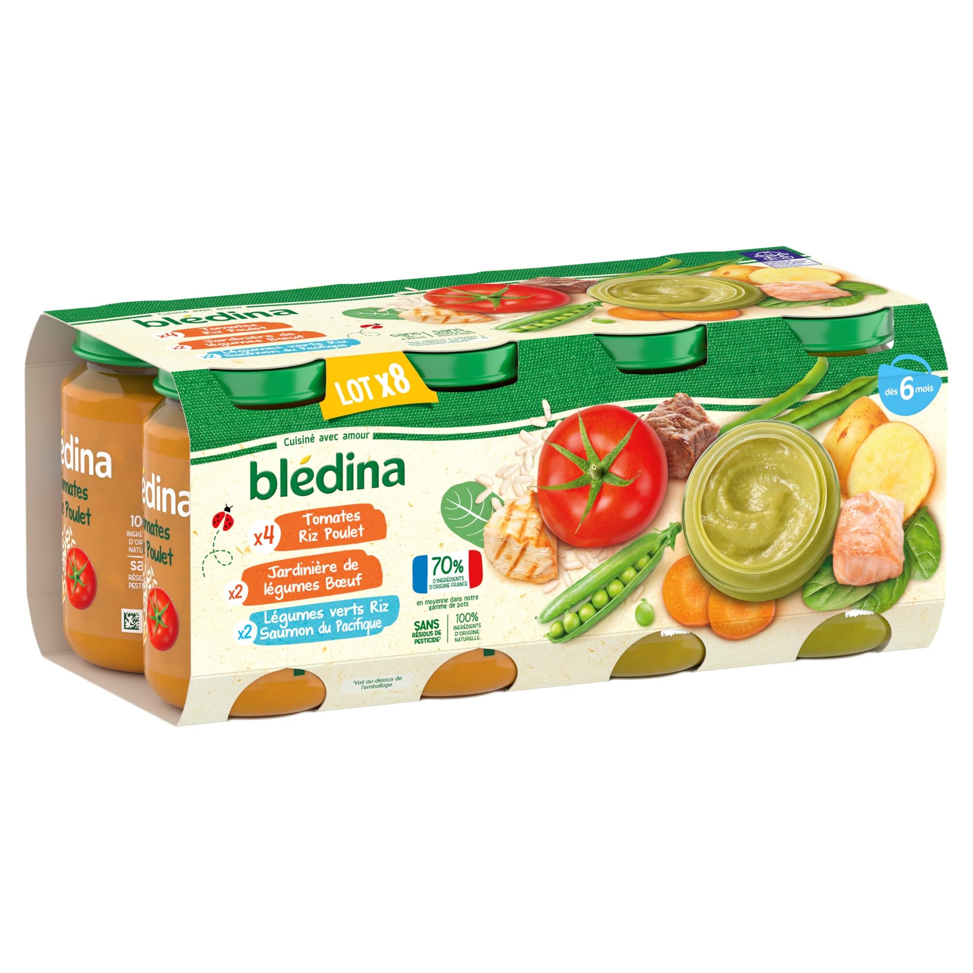 Blédina Petits Pots pour bébé, Dès 6 Mois, Tomates Riz Poulet / Légumes Bœuf / Légumes Riz Saumon, 200 g (Lot de 24)