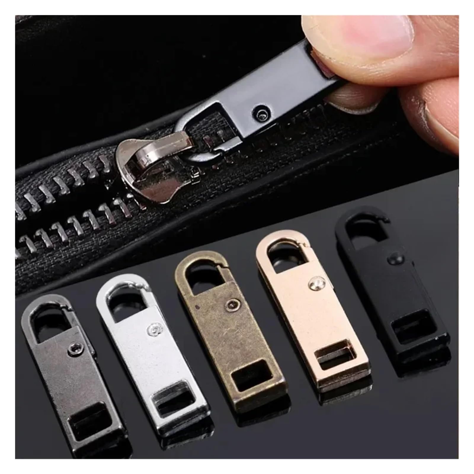 Tiradores de cremallera, 200 piezas universales de metal de repuesto, kit de reparación instantánea, herramientas deslizantes desmontables (negro)