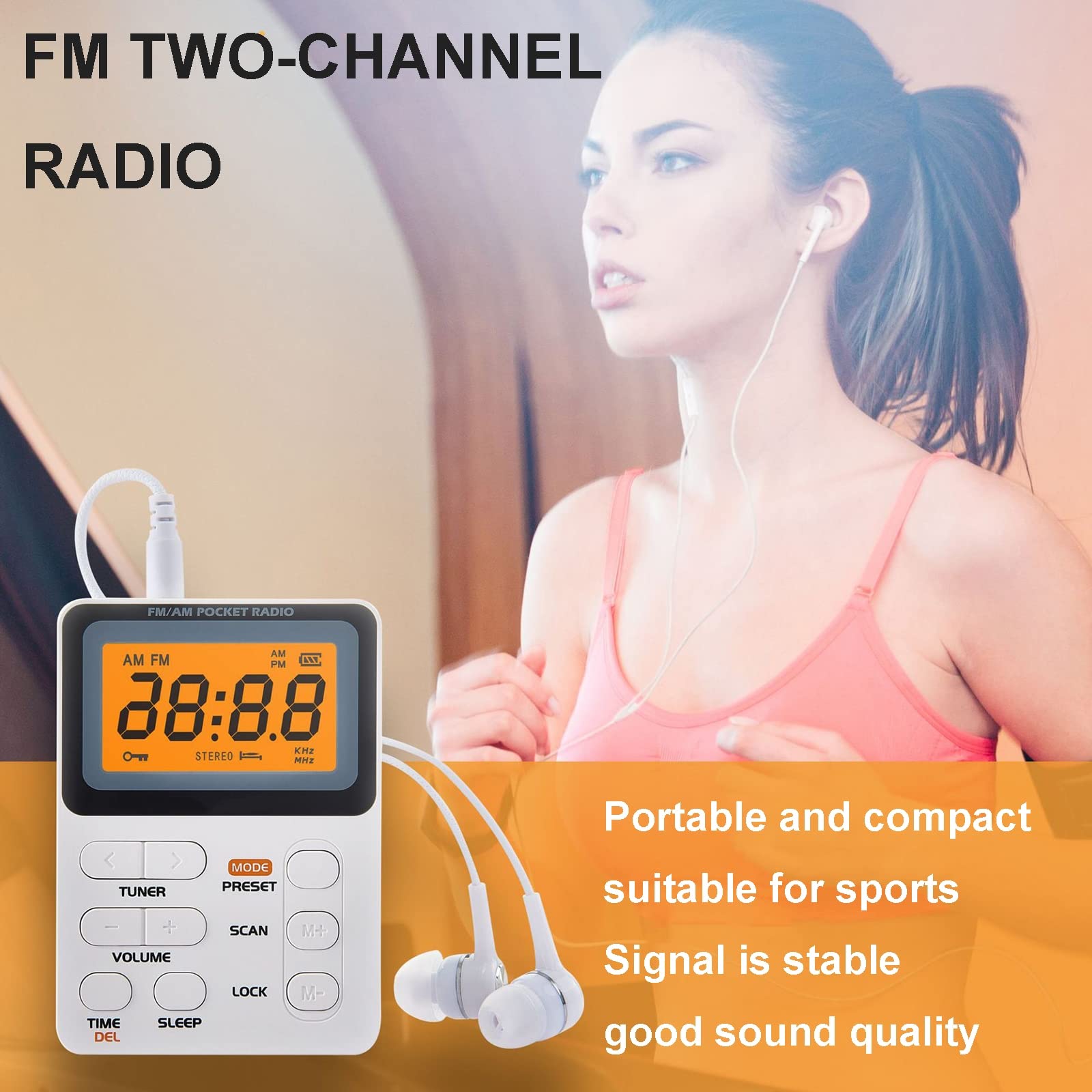 Przenośne radio, AM/FM, odbiór dalekiego zasięgu do wewnątrz, na zewnątrz, z gniazdem słuchawkowym, do słuchania w języku angielskim