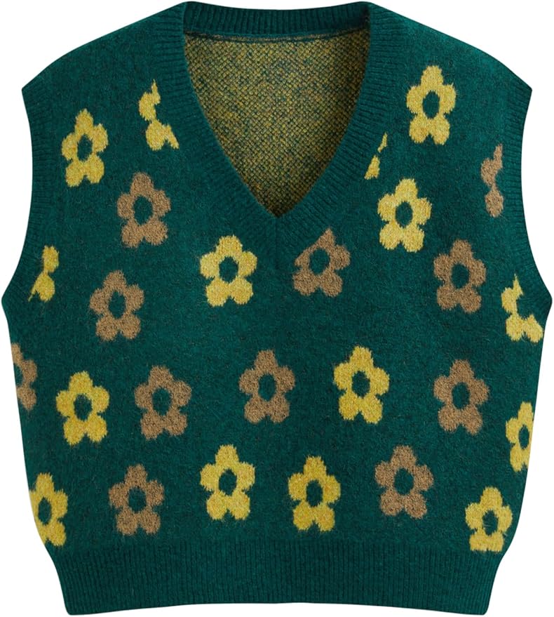 CIDER Floral Sweater Vest for Women Sleeveless Knitted V Neck Knitwear Cute 2025 Trendy Sweater Green fashion product photo