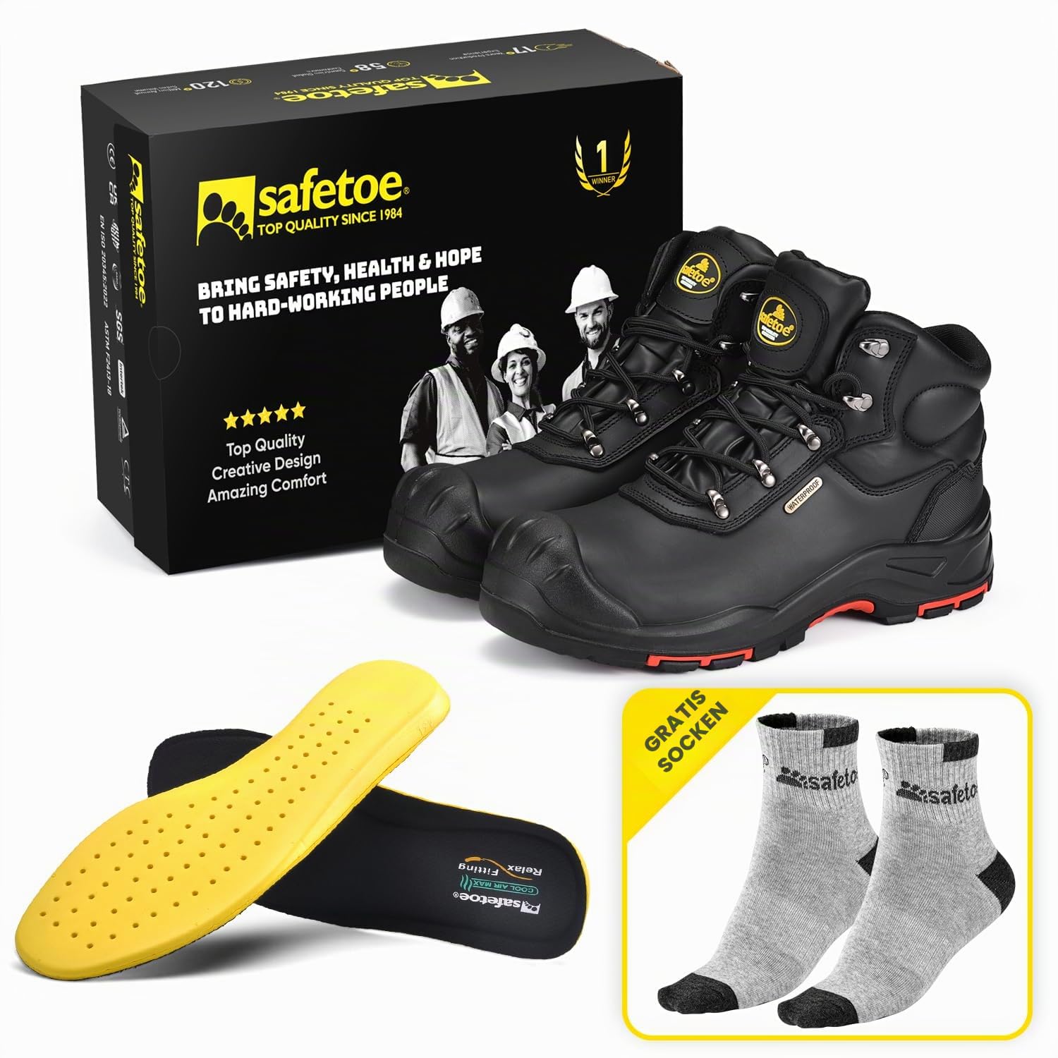 SAFETOE Herren Sicherheitsstiefel M-8565 Wide Fit Non-Steel Composite Toe Arbeitsstiefel ESD antistatische wasserdichte Rindsleder Heavy Duty Anti-Nagel Anti-Rutsch Gummisohle S7L SR EU44