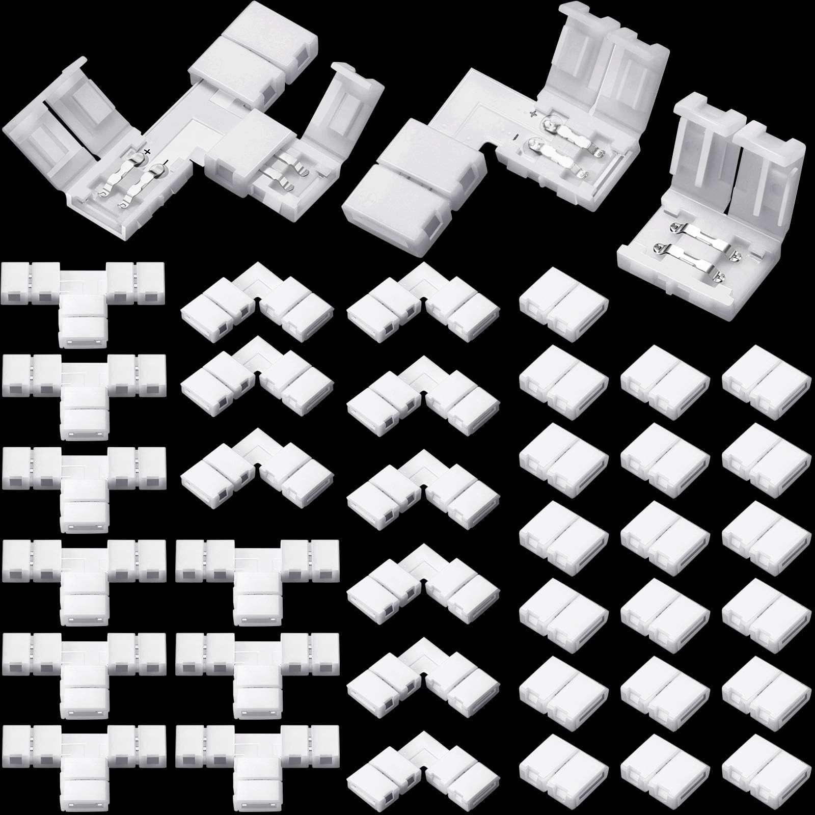 Mudder 40 Pieces 8 mm 2 Pin LED Strip Connectors Lights Connector T Shape L Shape Gapless Solderless LED Adapter Light Extension for 3528 2835 SMD RGB Strip