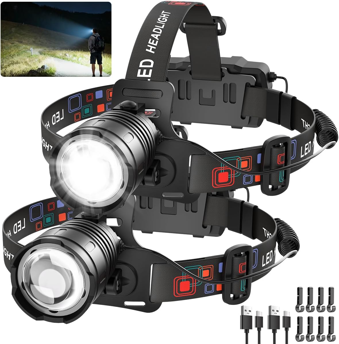 Rechargeable Headlamp High Lumen, Super Bright Head Lamp, 90° Rotatable Head Lights for Forehead, Adjustable Focus Headlight Flashlight, 4Modes LED Headlamps for Adults Hardhat Camping Hiking (2Pack) Rechargeable Headlamp High Lumen, Super Bright Head Lamp, 90° Rotatable Head Lights for Forehead, Adjustable Focus Headlight Flashlight, 4Modes LED Headlamps for Adults Hardhat Camping Hiking (2Pack)