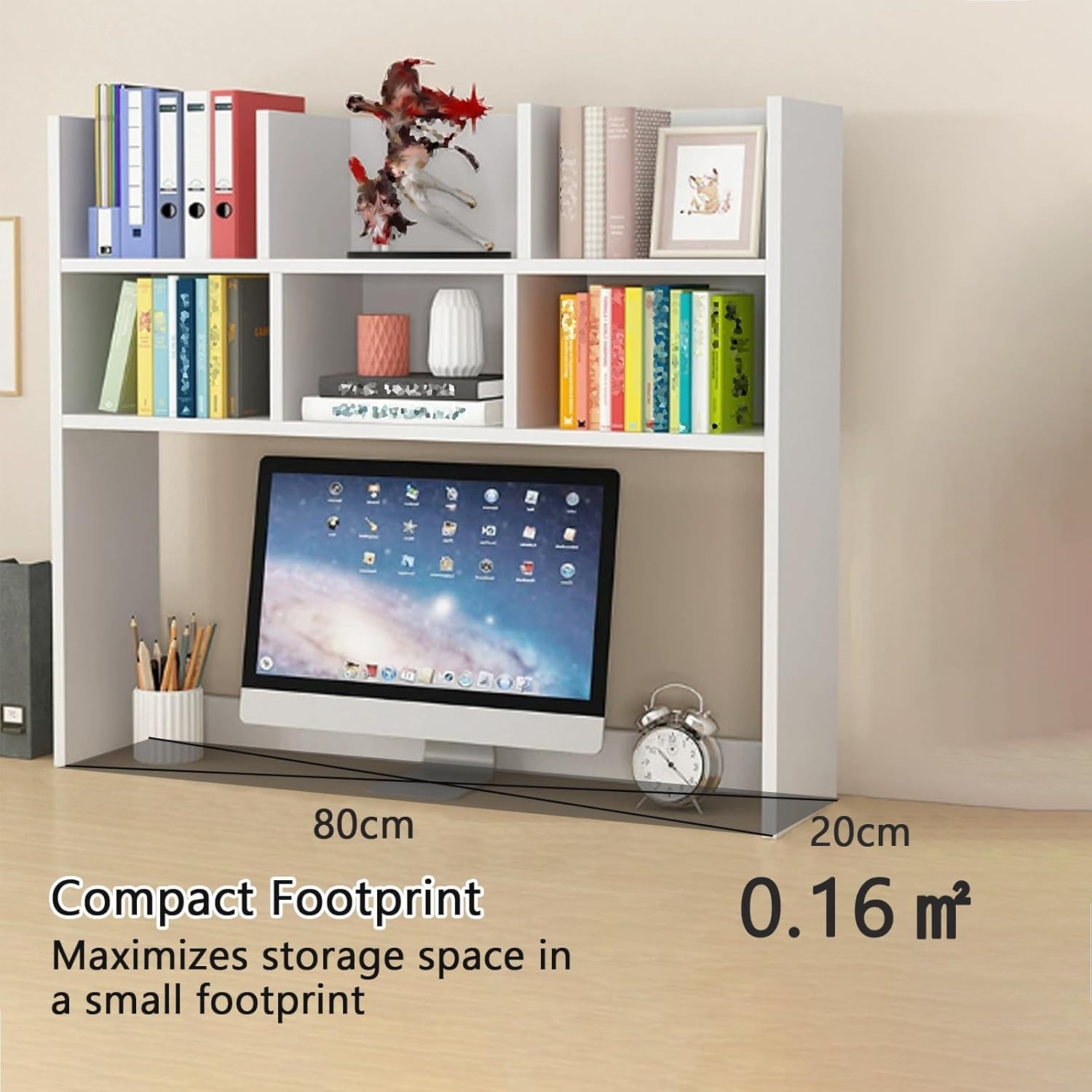 Desk Hitch for Dorm, Desk Bookshelf, White Desktop Hutch with 2 Tier Shelves for Kitchen, Office, Dressing Table