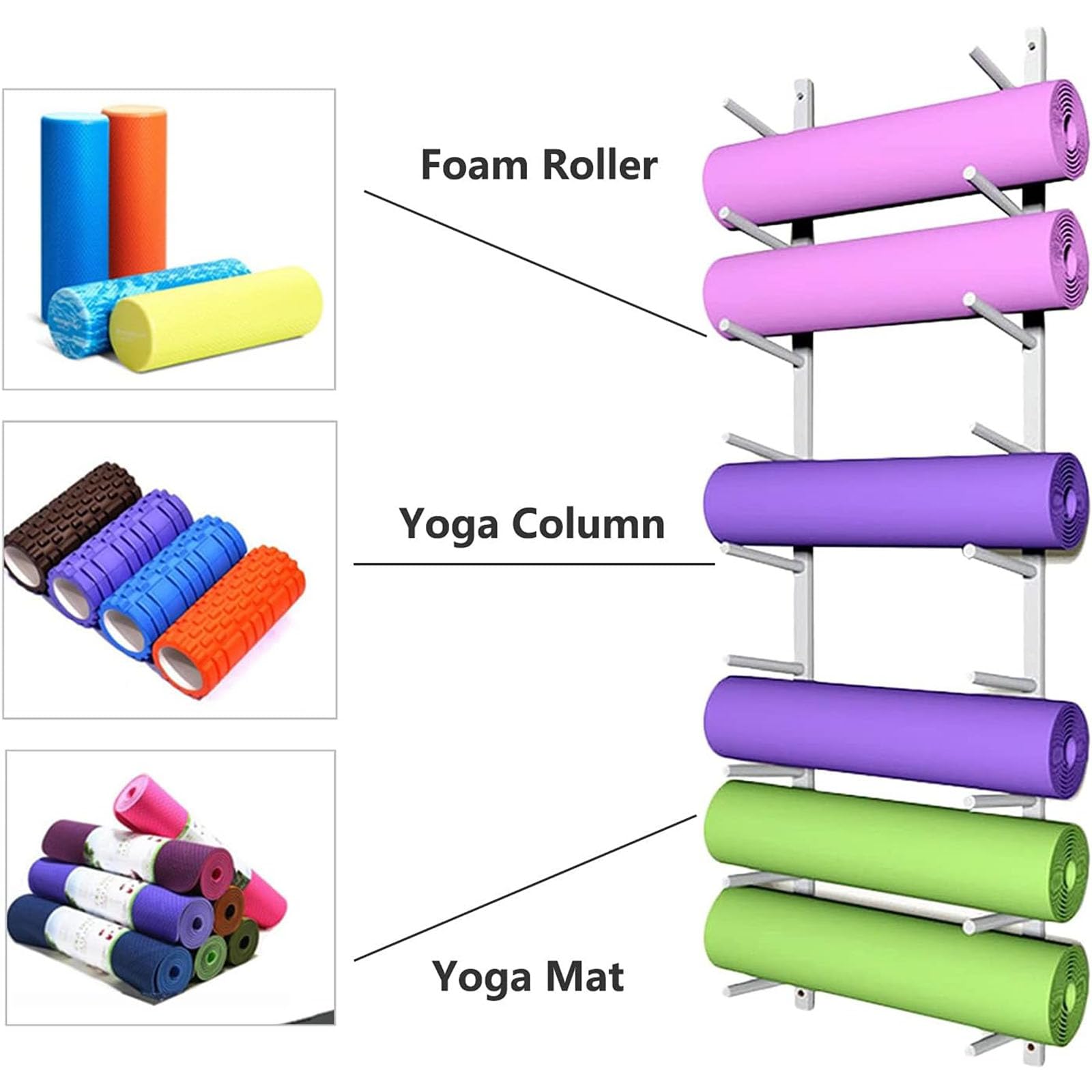 Étagère murale en métal pour tapis de yoga avec rouleau en mousse pour tapis d'exercice et équipement de gym pour la maison et le commerce Support mural pour entraînement physique