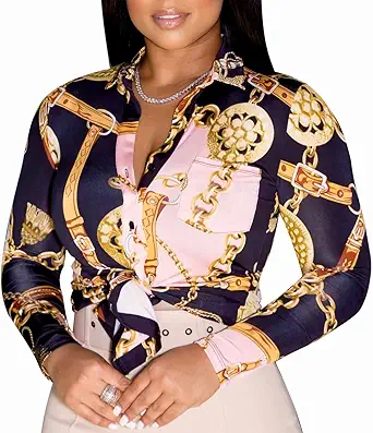 Blouses & Button-Down Shirts Long Sleeves Colorful Dressy Tops Floral Print Casual Loose Collar Sexy Blouses