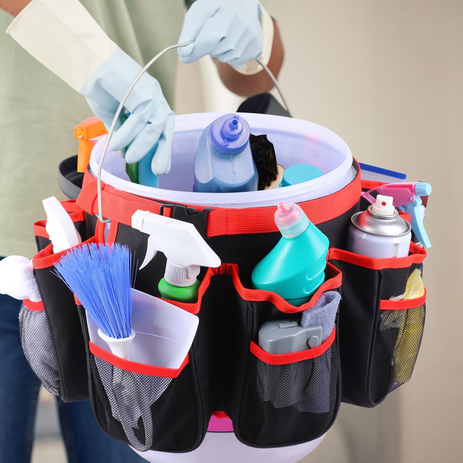 Portable Bucket Cleaning Tool Organizer,5 Gallon Bucket Holder Cleaning Supplies,Foldable Wash Tool Caddy Organizer More Mesh Pockets for Housekeeping,Easy to Use