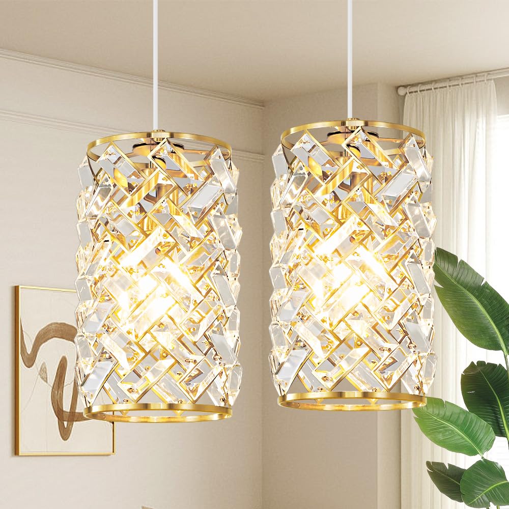 Gold Pendant Lights Kitchen Island, Mini Crystal Modern Kitchen Pendant Lighting Over Sink with 10.2" Clear Glass Shade Chandeliers, Adjustable Pendant Light Fixture for Dinning Room Bedroom Entryway