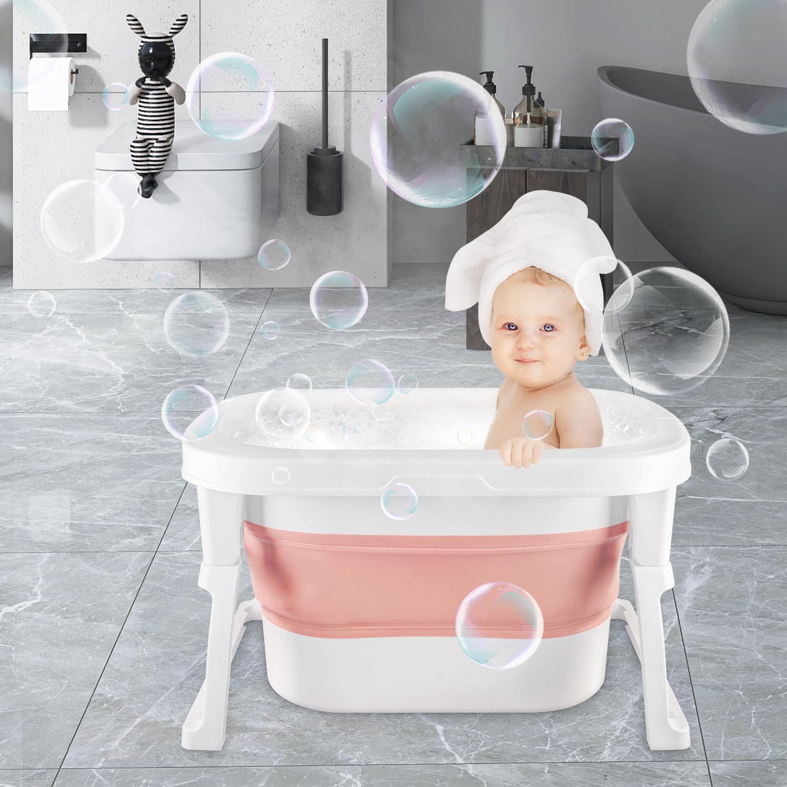 1st Bañera plegable para bebé, bañera plegable, cojín plegable, bañera para niños, apta para recién nacidos, plegado para ahorrar espacio, alfombra antideslizante (72 x 51 x 42 cm), color rosa
