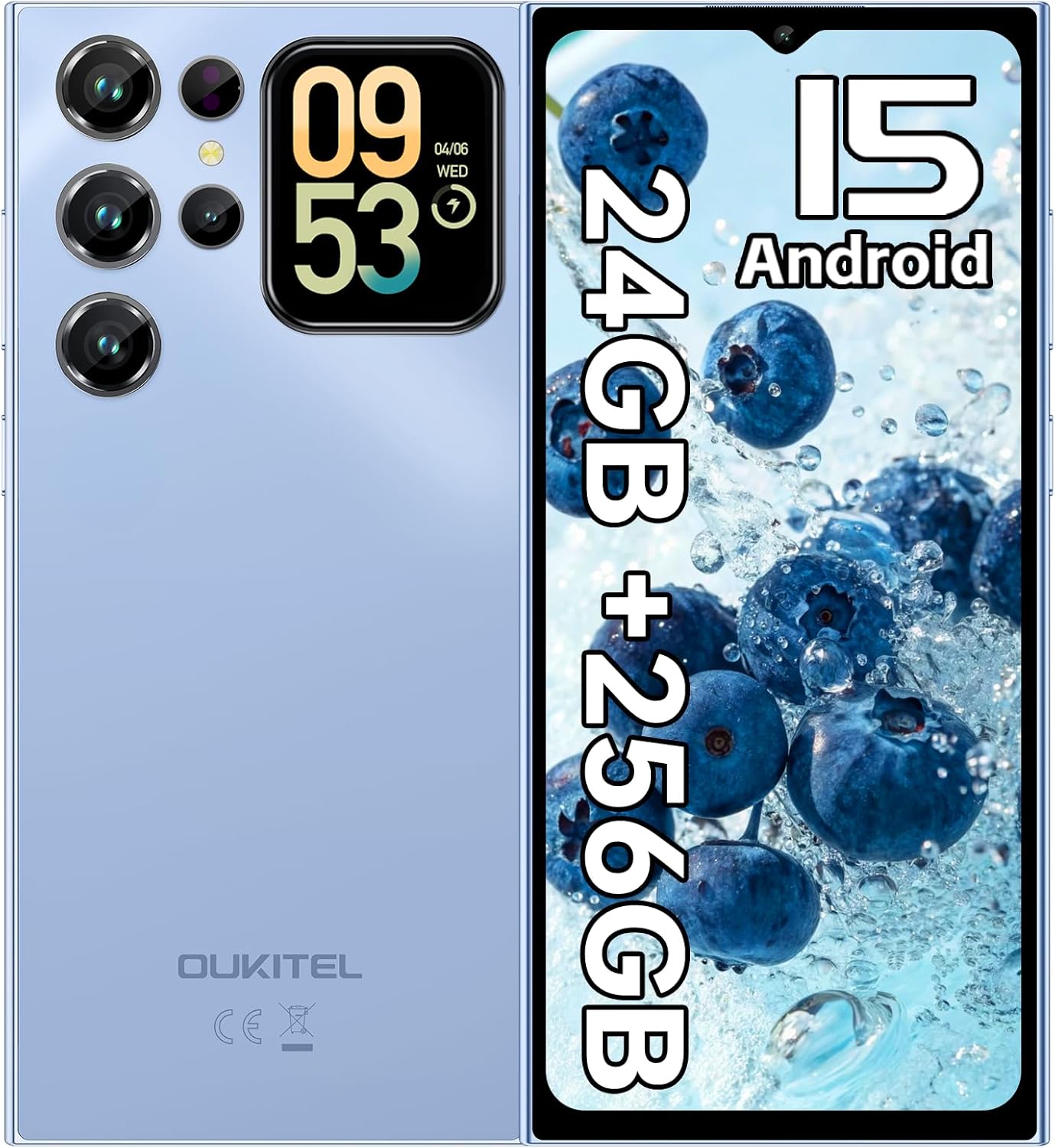 OUKITEL C62 Pro Telephone Portable Pas Cher Android 15, 24GO+256GO/1TO, 6,88" HD+ & 1.81" Arrière Écran, Smartphone Pas Cher Batterie 5150mAh, 13MP+5MP, Téléphone Débloqué Dual SIM/GPS/OTG/FNC-Bleu