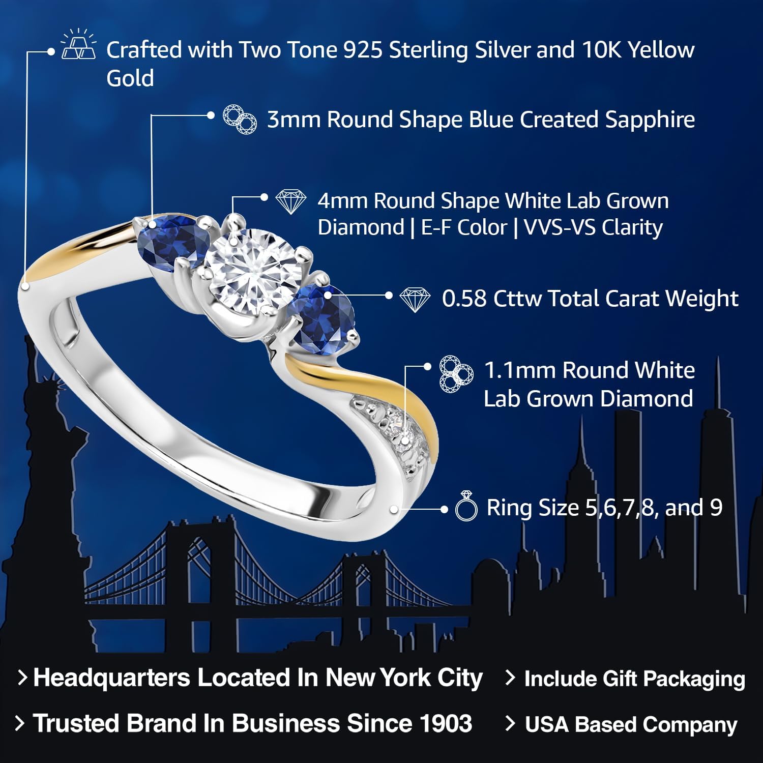 Gem Stone King White Lab Grown Diamond and Blue Created Sapphire 3-Stone Engagement Ring For Women | 925 Sterling Silver and 10K Yellow Gold | 0.58 Cttw | Wedding Engagement Anniversary Ring