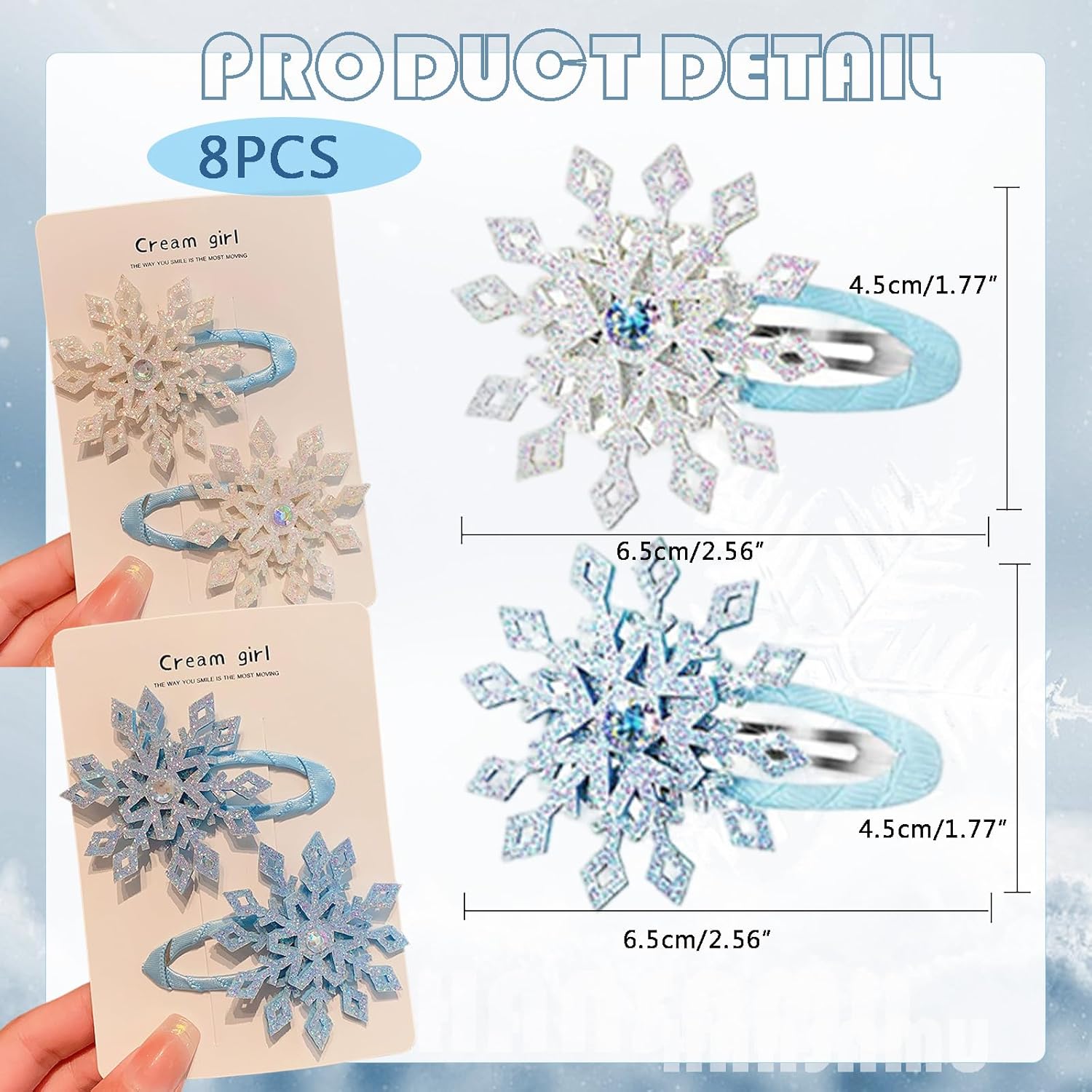 8PCS Snowflake Hair Clip Blue White Christmas Hair Accessories for Women Xmas Bow Hair Clip Festive Snowflake Hairpins Holiday Hair Accessory - Image 2