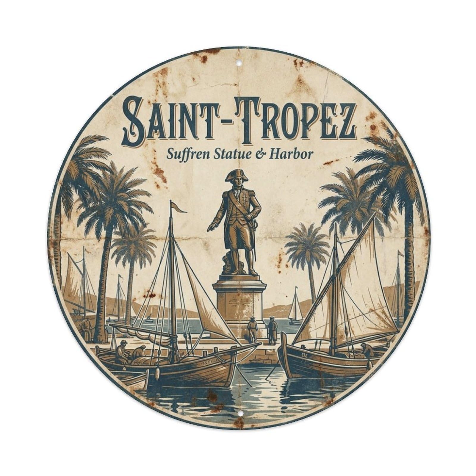 Harbor Statue Sailboats Saint Tropez France Travel Metal Tin Sign