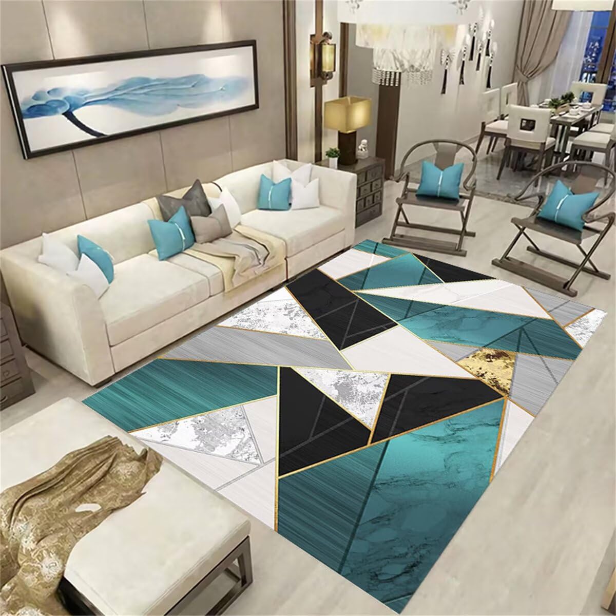 Tapis de chambre à coucher haut de gamme design asymétrique gris-bleu