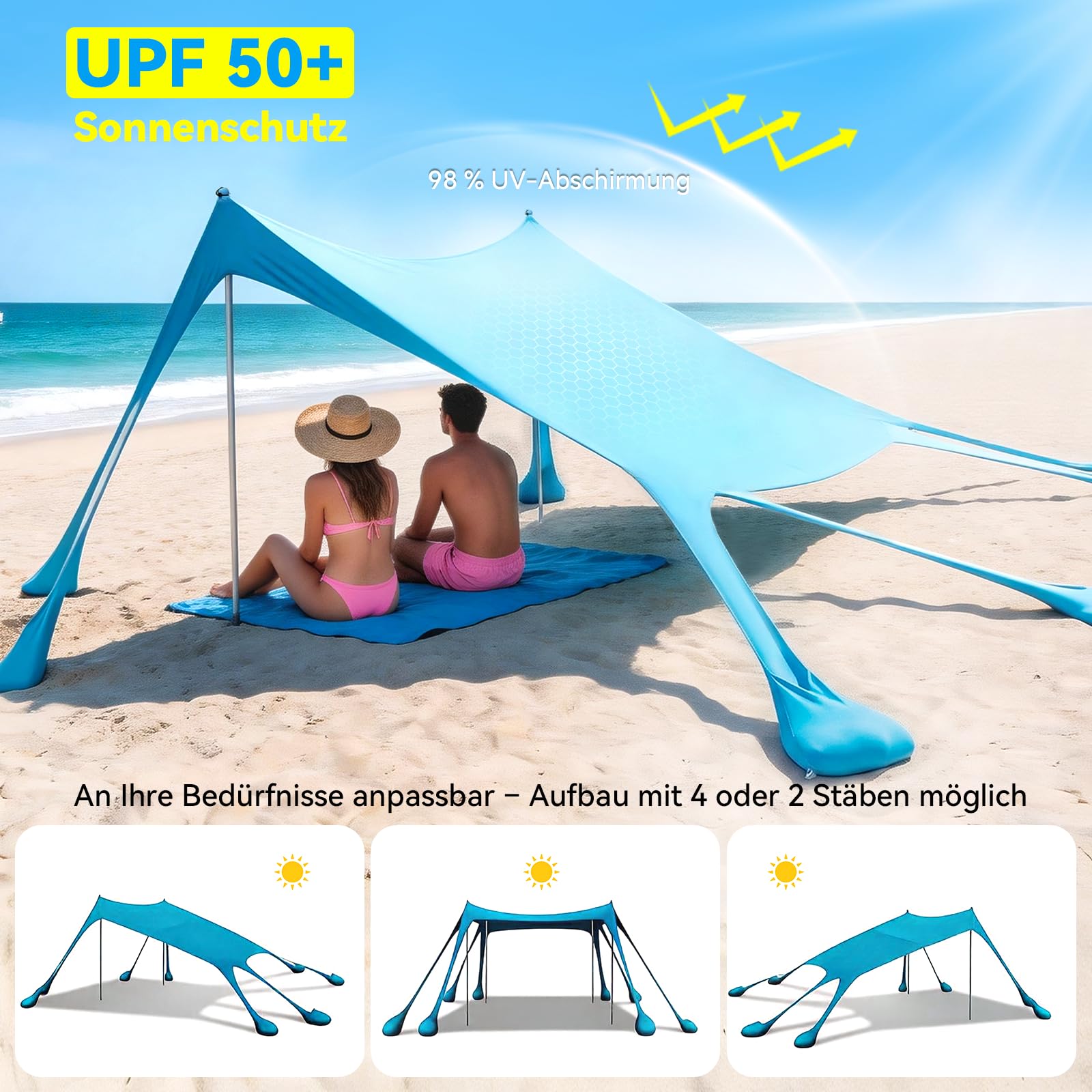 Purebox Strandzelt UPF 50+ Sonnenschutz 10x10FT mit 8 Sandsäcken für Strand Camping