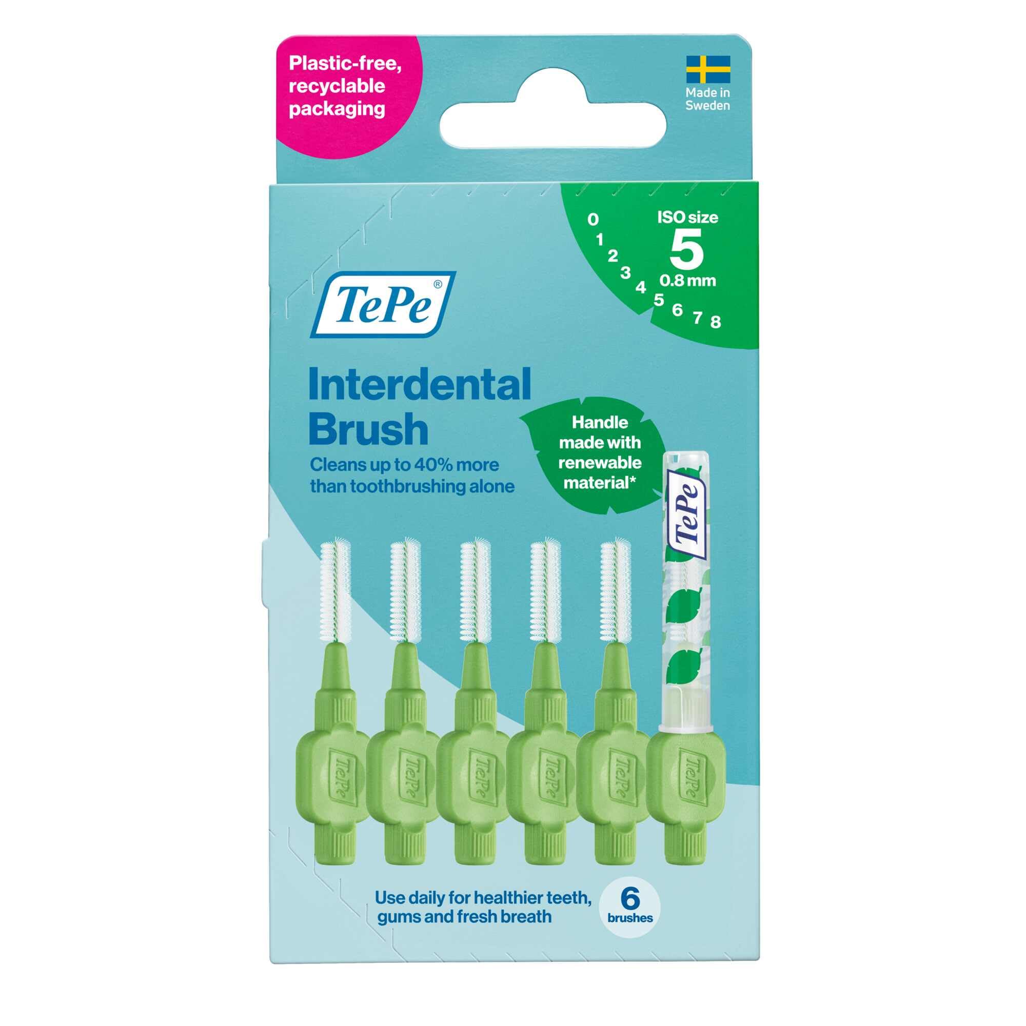 Adult Interdental Manual Brush Original-Green 0.8Mm 6 Pack- Recommended By Dentists For Best Oral Health, Healthy Mouth & Gums Between Dental Visits, Prevent Bad Breath And Periodontal Disease