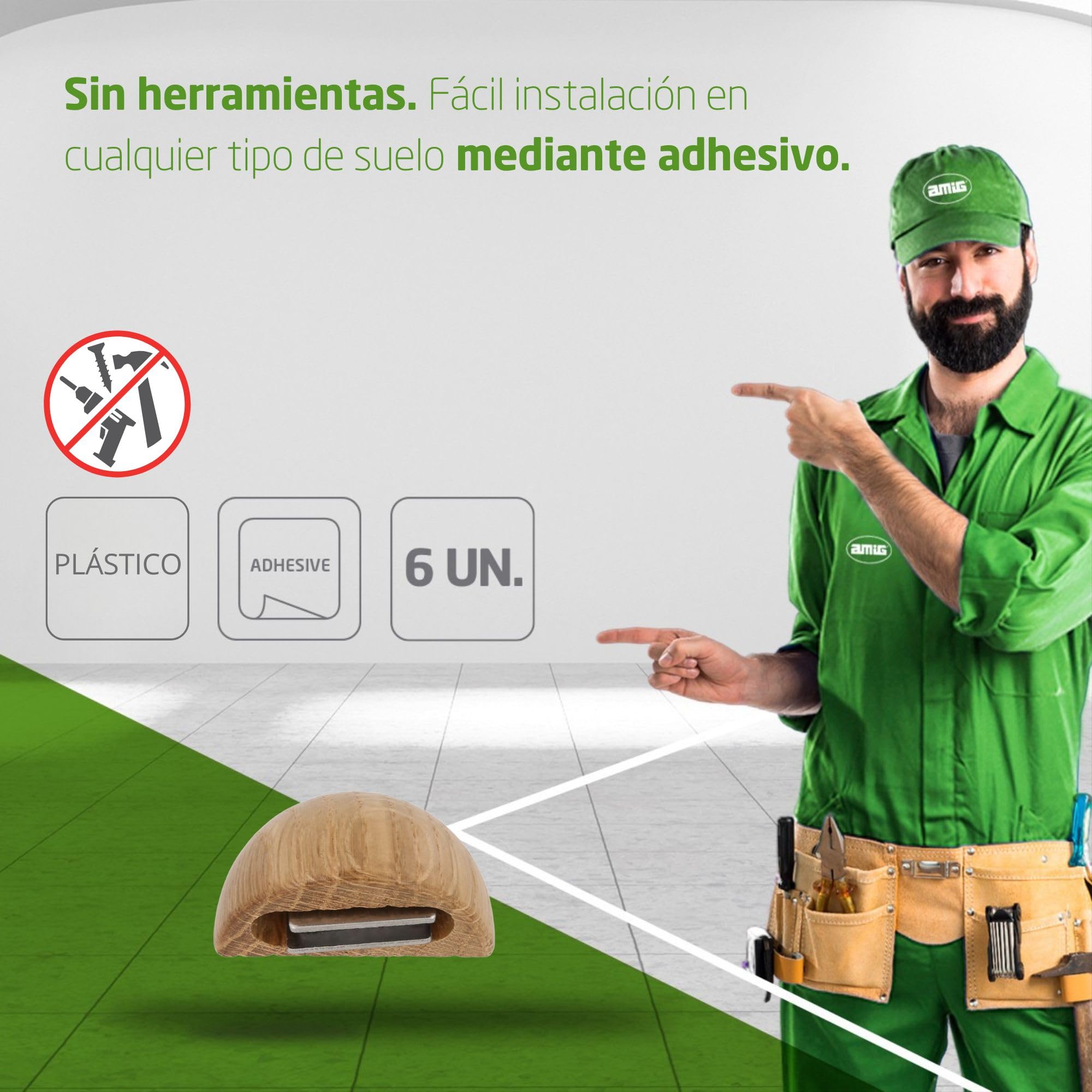 Amig - Pack de 6 Topes Magnéticos - Fijación en el Suelo mediante Adhesivo - Para Puertas de Paso - 48 x 25 mm - Plástico - Color Roble - Fácil Instalación