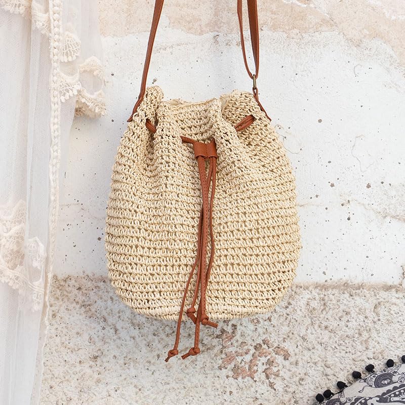 Image of MAIRO LIFESTYLE Straw Wicker Handmade Boho Summer Beach Drawstring Tote Bag