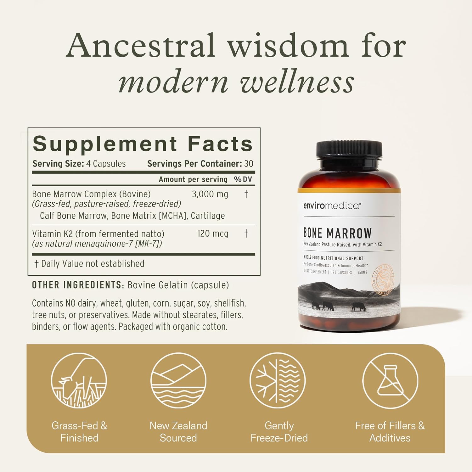 Enviromedica Bone Marrow Supplement – Grass-Fed New Zealand Beef Bone Marrow, MCHA, Bovine Cartilage, Collagen, Freeze-Dried, Vitamin K2 MK7, 120 Capsules - Image 6