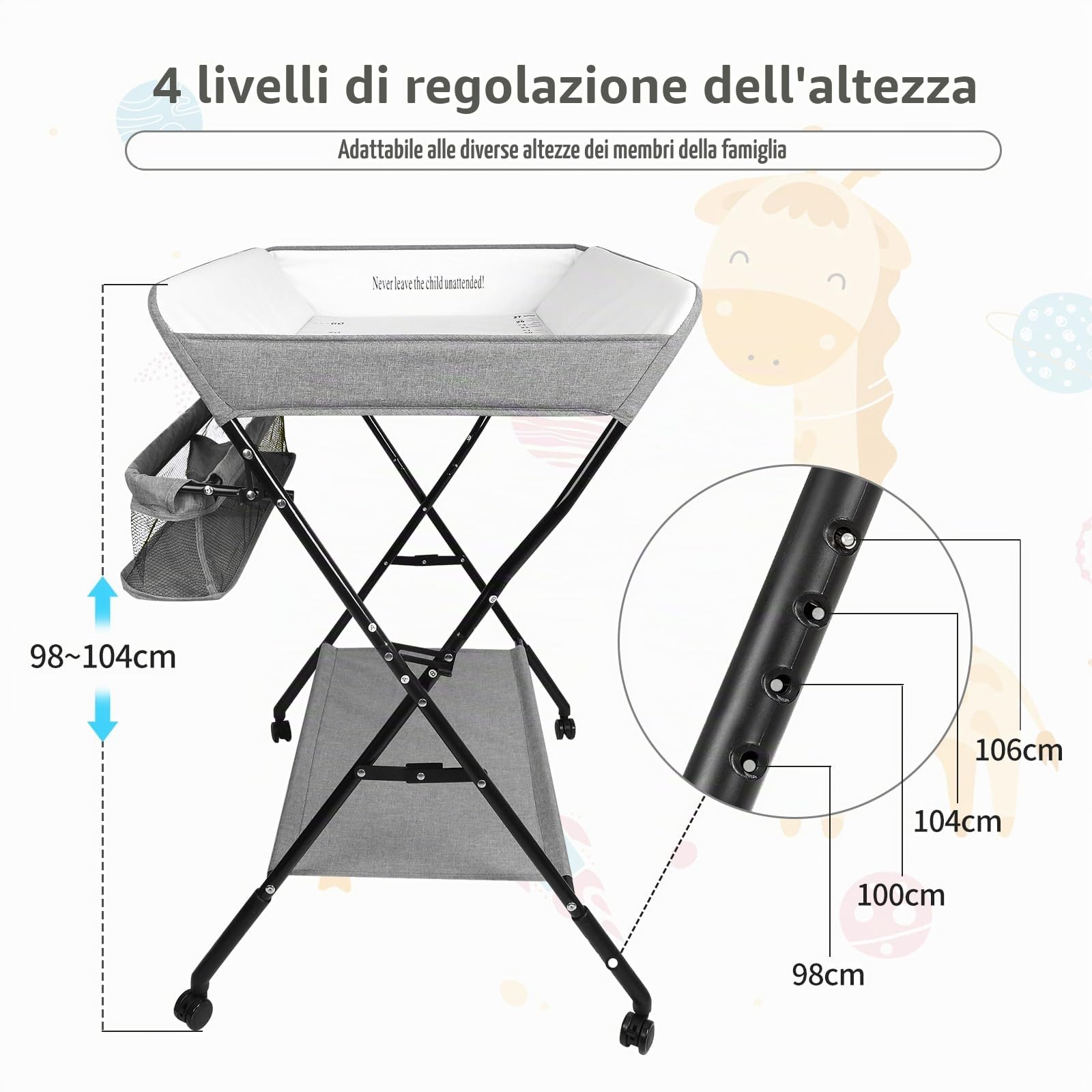 OHMG Fasciatoio Pieghevole Fasciatoio Portatile con Cintura di Sicurezza e Scomparti Portaoggetti,Tavolo Cambio Pannolini Multifunzionale Portatile per Bagnetto Neonati,4 ruotes