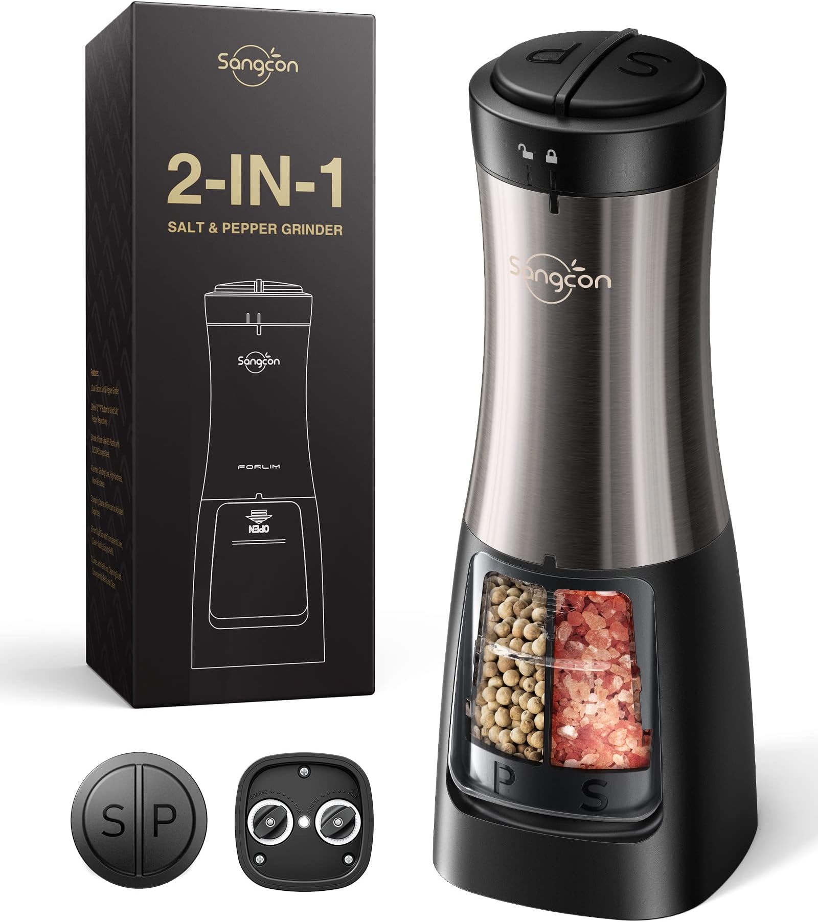 Sangcon Electric Salt and Pepper Grinder Set Shaker 2 IN 1 - Automatic Salt and Pepper Grinder Mill, Battery Powered One-Handed Operation Refillable with Light Dual Ceramic Mill