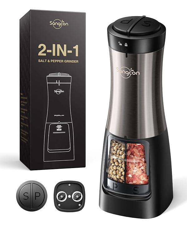 Sangcon Electric Salt and Pepper Grinder Set Shaker 2 IN 1 - Automatic Salt and Pepper Grinder Mill, Battery Powered One-Handed Operation Refillable with Light Dual Ceramic Mill by sangcon - Used condition - US$16.02