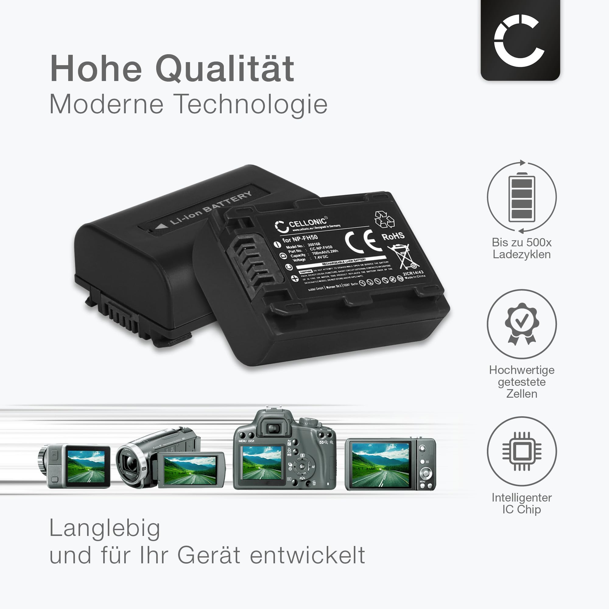 CELLONIC 2X Akku für Kamera Kompatibel mit Sony DSLR-A200 (α200), DSLR-A230 (α230), DSLR-A330 (α330), NP-FH50 - (700mAh, 7.4V) + Ladegerät