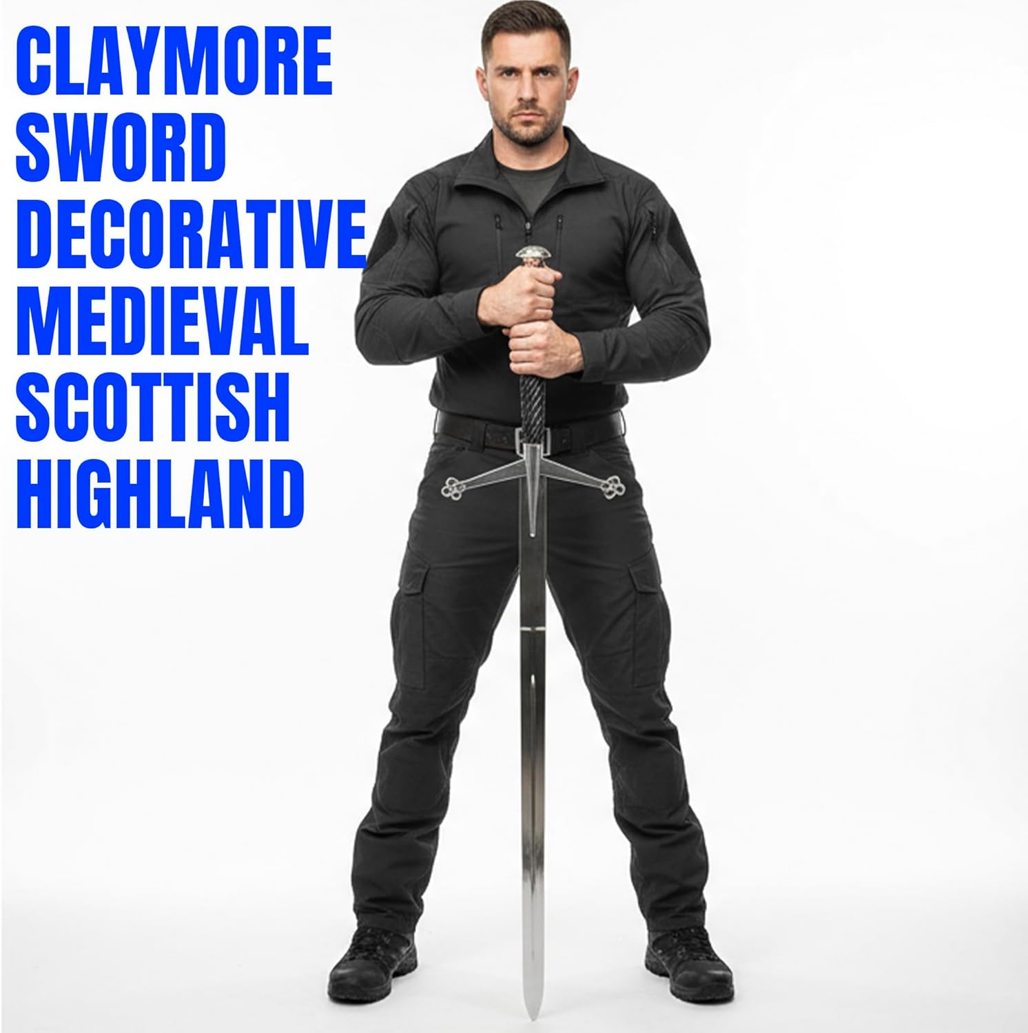 SZCO 52" Claymore Sword – Decorative Medieval Scottish Highland Replica Two-Handed Steel Sword for Adults with Spiral Wood Handle, with Guard & Pommel & Leather Sheath for Display