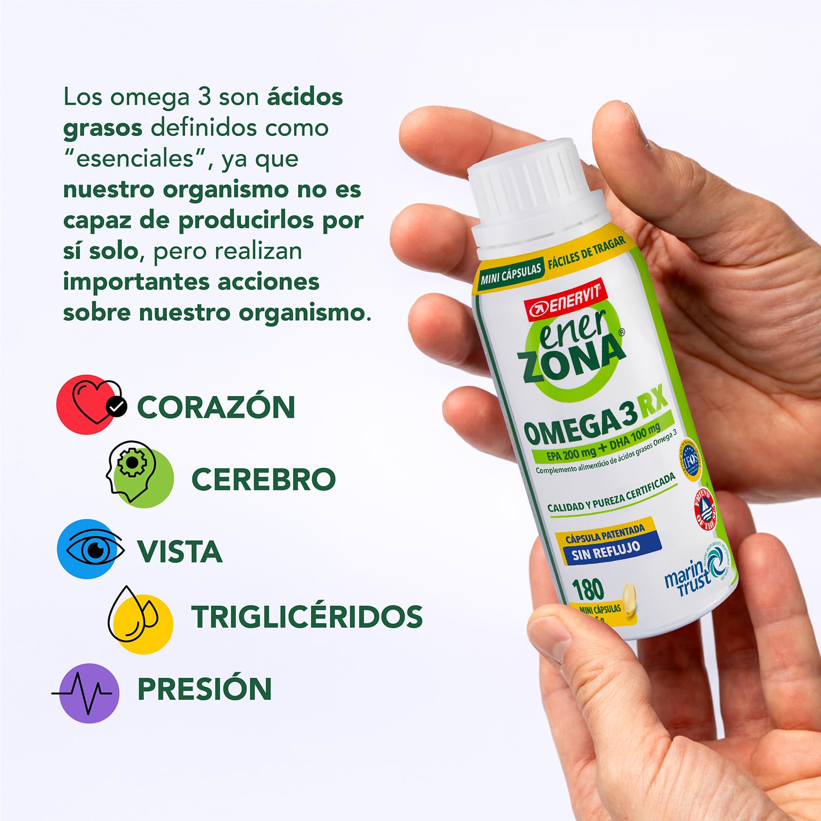 Enervit EnerZona Omega 3RX, Sin Retrogusto, Certificado IFOS, Suplementos de Ácidos Grasos Omega 3, 200mg EPA y 100mg DHA, para Corazón, Vista y Cerebro, Sin Gluten, 180 Cápsulas de 0,5g