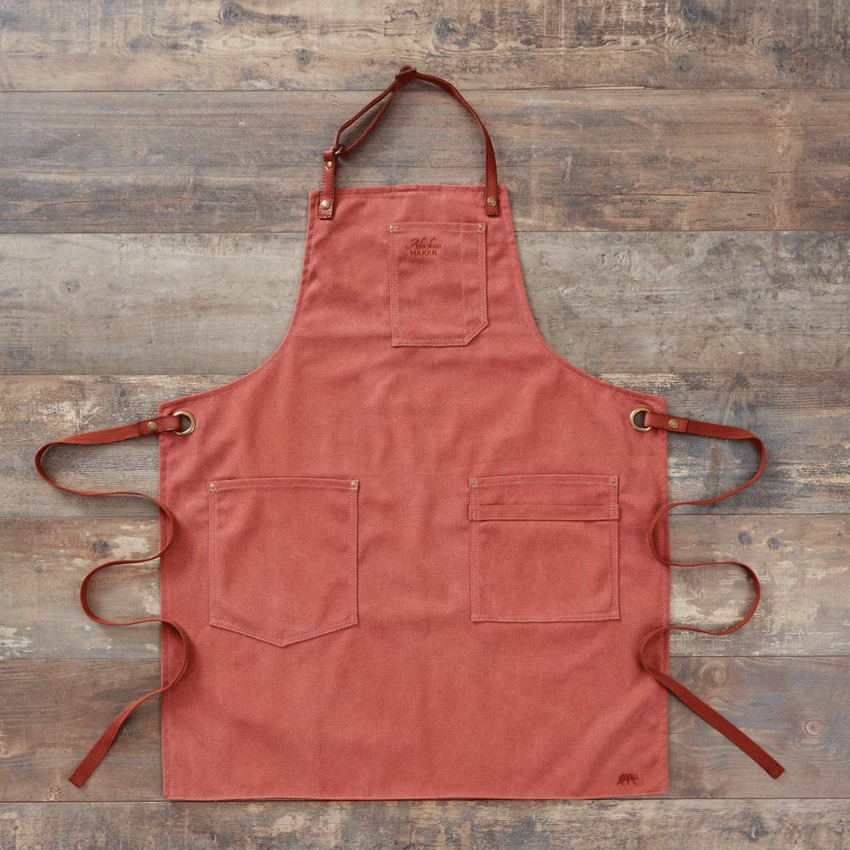Alaskan Maker - Delantal de cocina de tela vintage y piel con múltiples bolsillos, n.º 325 – Enlaces de nudo, tamaño universal para hombres y mujeres, tierra de Siena, universal