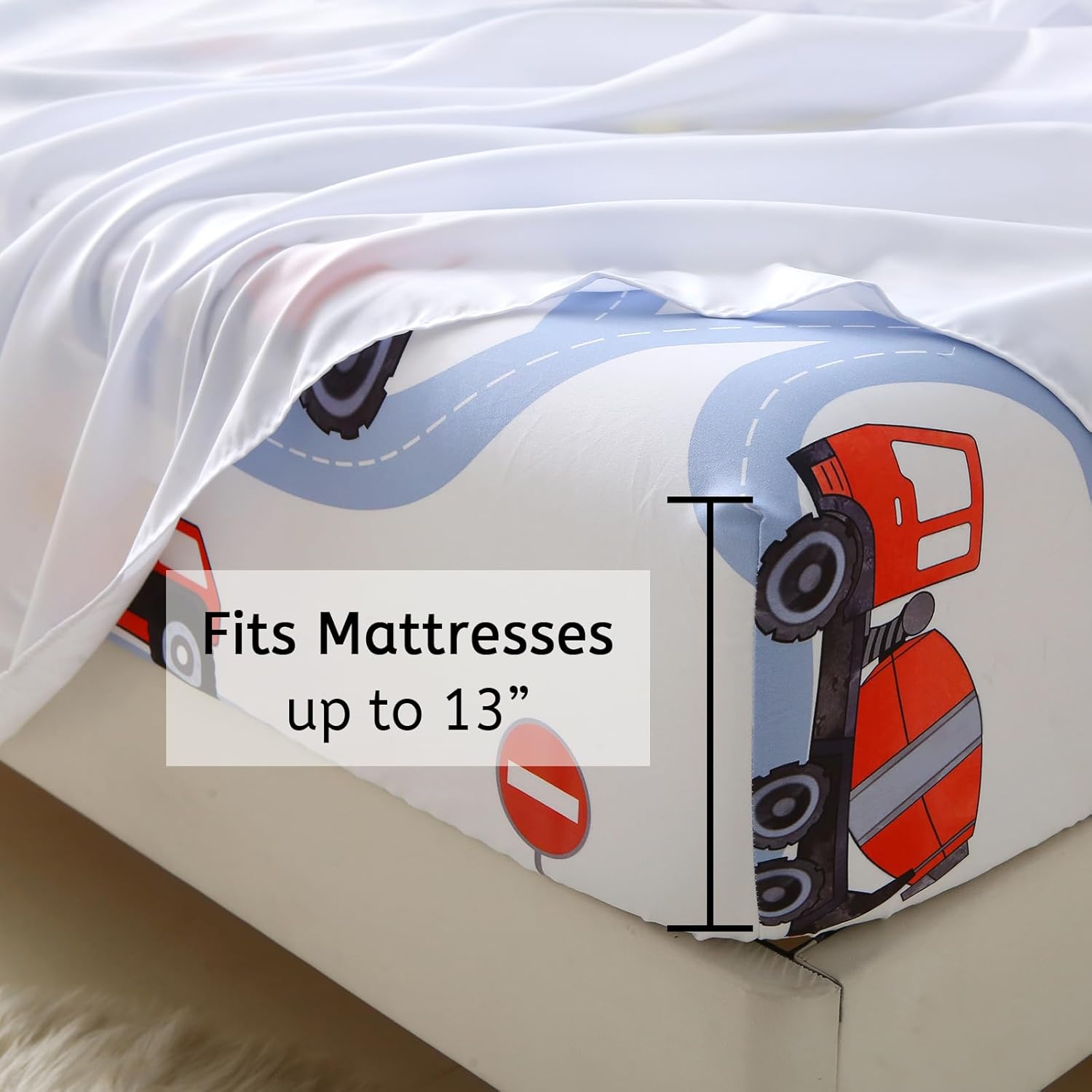 Full Comforter Set for Boys Blue Soft Microfiber Bedding Sets Kids All Season Bed in a Bag with Flat Sheets Fitted Sheet and Pillowcover, Cute Construction Truck Pattern Toddler(Full,7 piece) | Construction Truck