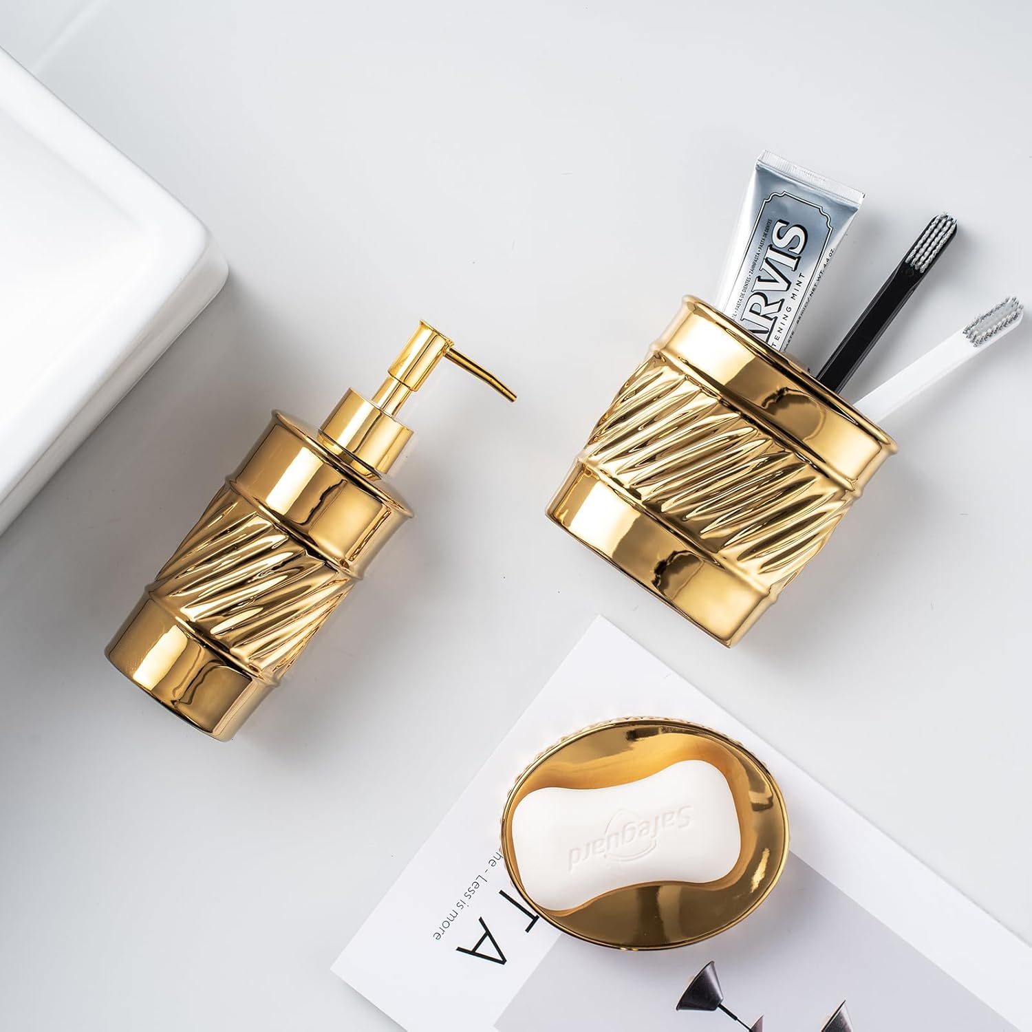 3-Piece Ceramic Bathroom Accessories Set - Soap Dispenser, Toothbrush Holder & Soap Dish with Modern Wave Embossed Design for Bathroom Accessory Set (Gold)