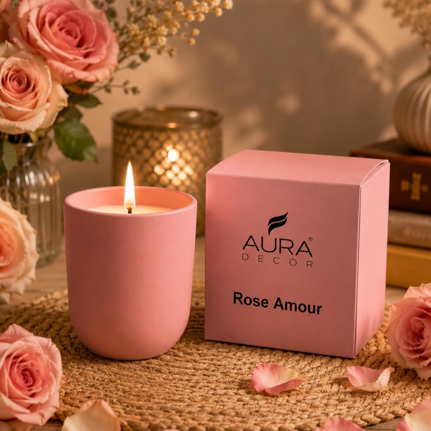 Aura Decor Rose Amour Scented Candle | Luxury Rose Fragrance Candle with Bulgarian Rose, Vanilla & Cashmere Woods | Premium Glass Jar Aromatherapy Candle for Home Décor, Bedroom, Romance & Gifting-image-46