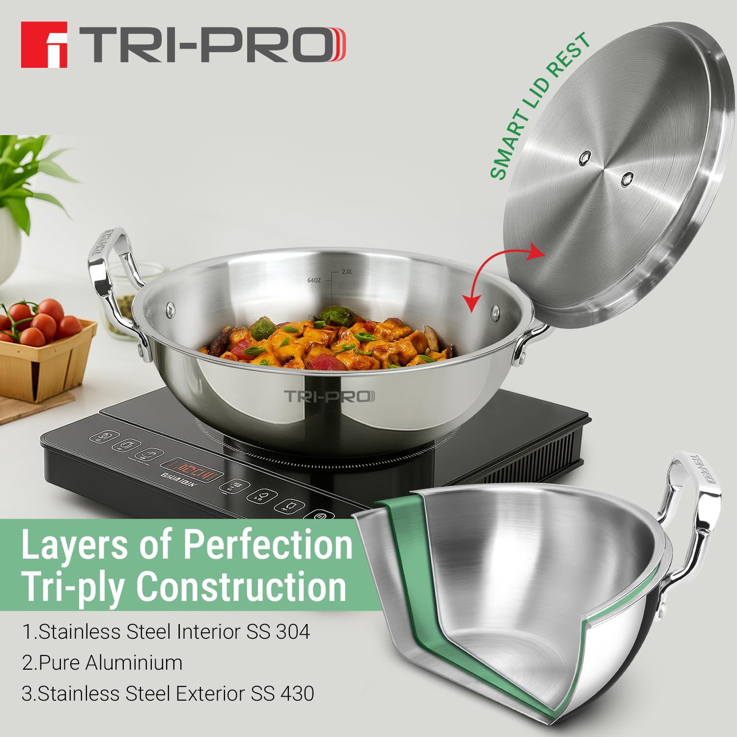 Bergner Tripro TriPly Edelstahl-Kochgeschirr-Set, 3-teilig, 24 cm (3 l), indischer Wok/Kadai mit Deckel, 16 cm (1,7 l), Teekanne, Induktionsboden und Gasherd bereit