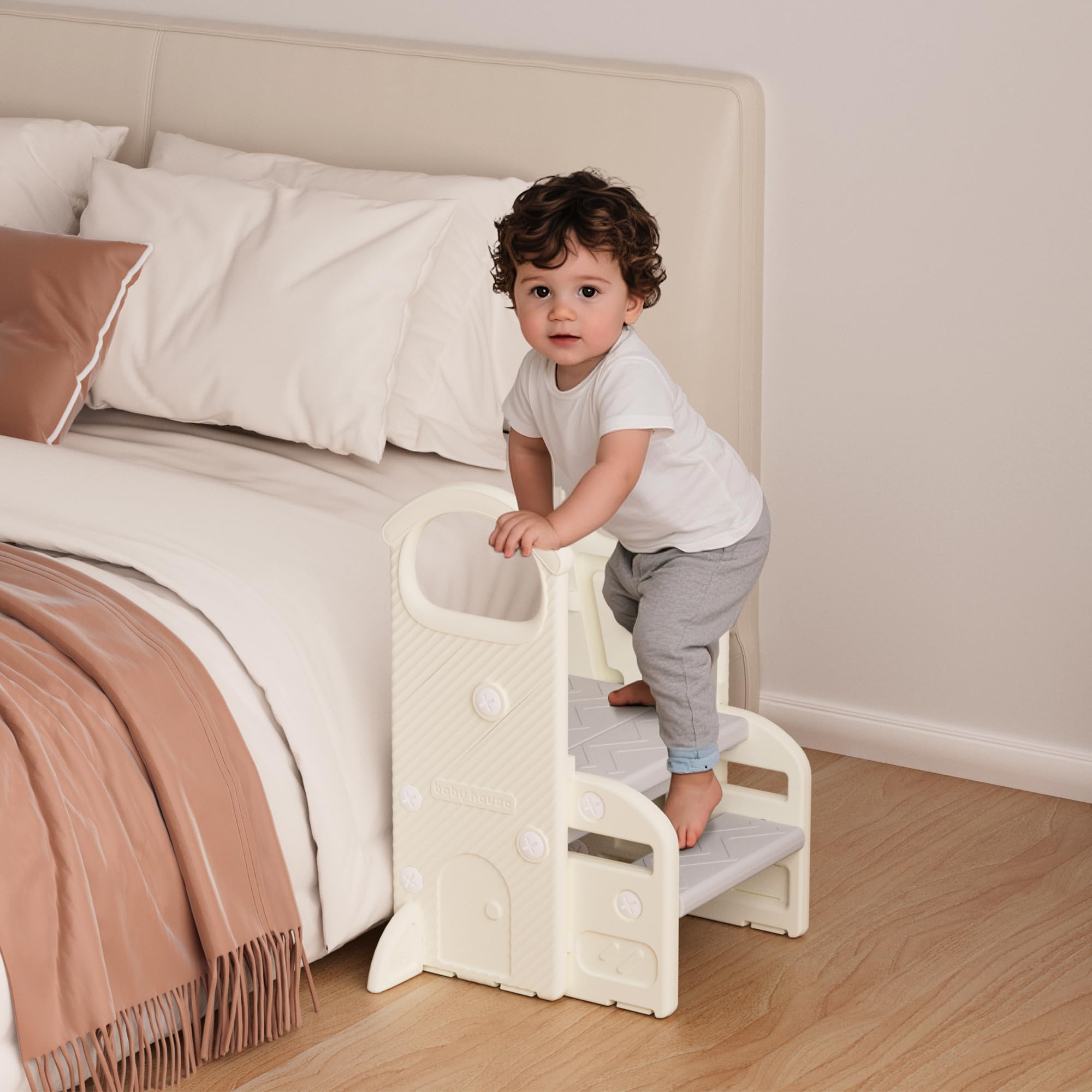 Sgabello Bambini con Maniglie, Scaletta Regolabile a 2 o 3 Gradini, Compatta e Antiscivolo per Bagno, Cucina, WC e Lavandino(Grigio)
