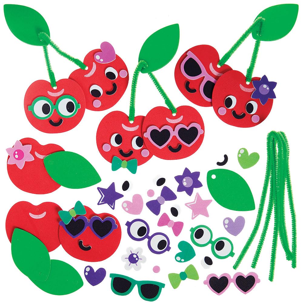 Baker Ross WA106 Cherries Mix & Match Decoration Kits - Pack of 6, Fun Foam Craft Kits with Pipe Cleaners
