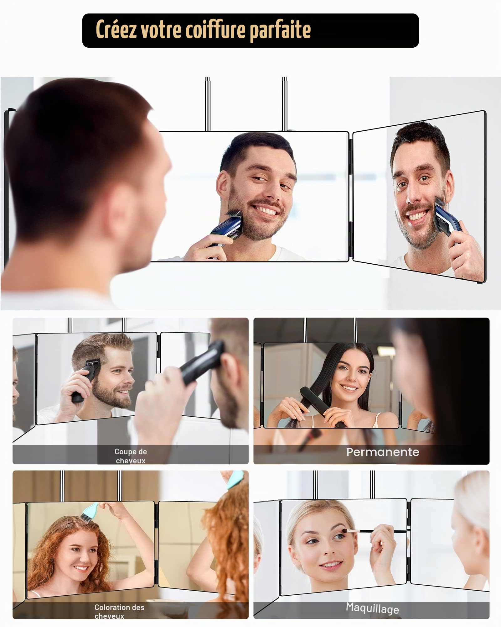 JUSRON Miroir à Suspendre à 360 ° - Cosmétique Miroir Pliable en 3 Parties - Réglable en Hauteur - pour Le Maquillage, Le Rasage, la Coiffure - sans LED