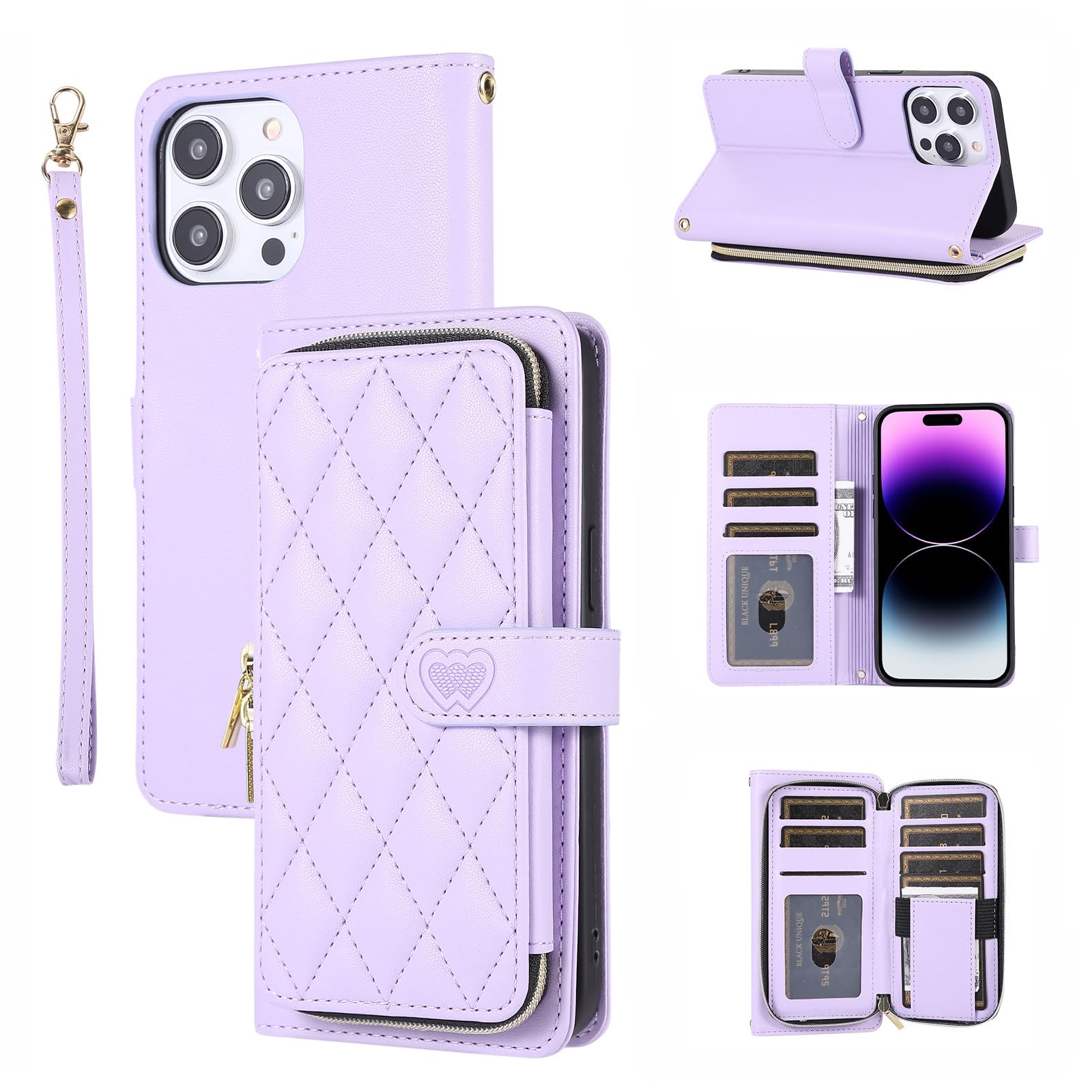 Misscase Waller Case with iPhone 13 Pro Max,PU Leather Wallet Case with Card Holder,with Zipper Card Pocket,with Shoulder Straps,with Hand Strap Light Purple