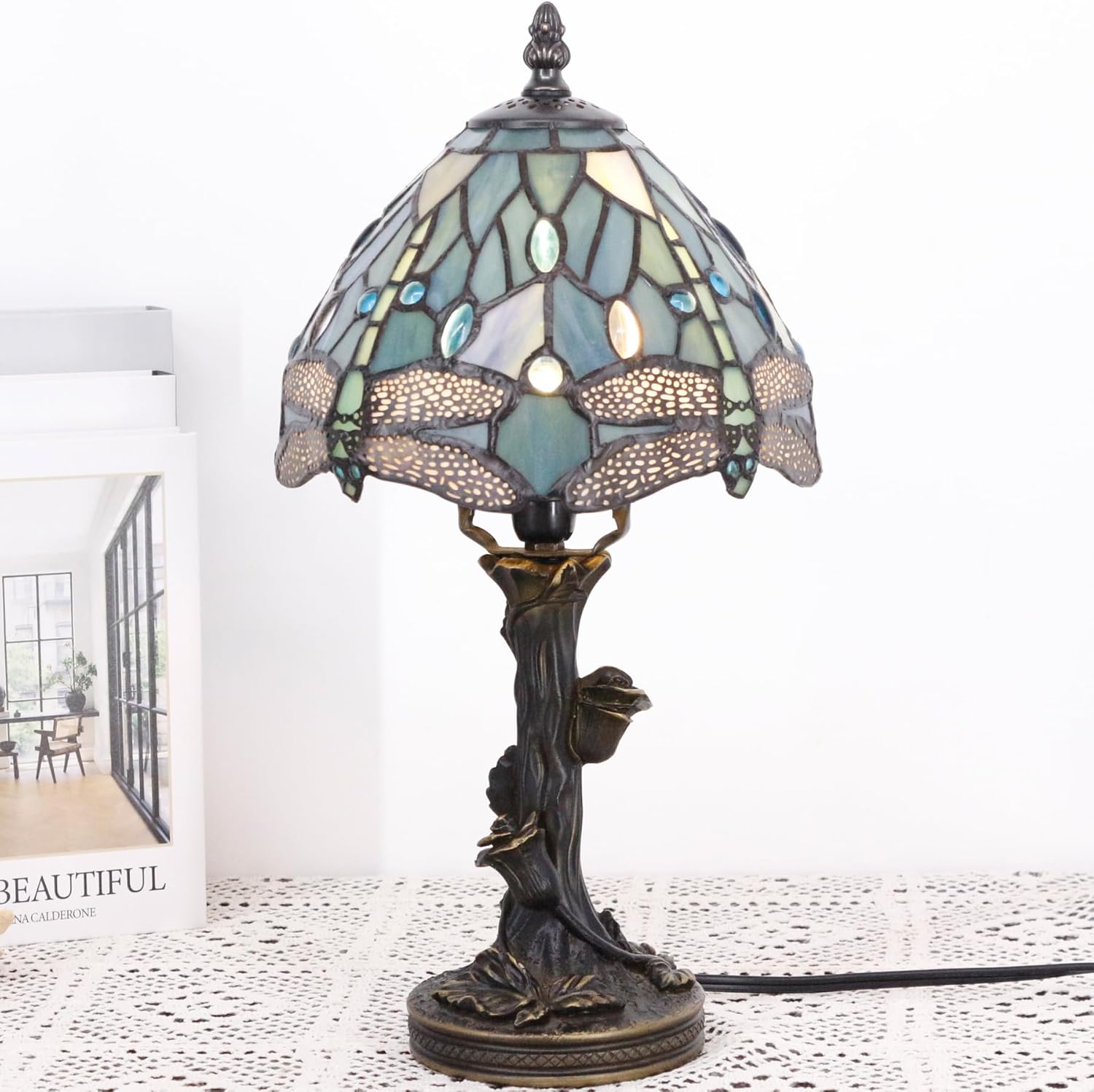 Table Lamp Base Replacement Only, Wide 5 Height 15 Inch, Fit for 6, 8, 10 Inch Tiffany Style Stained Glass Lampshade, Dark Bronze Finish,Resin, Push Switch On Cord(D (W5H15 Inch))