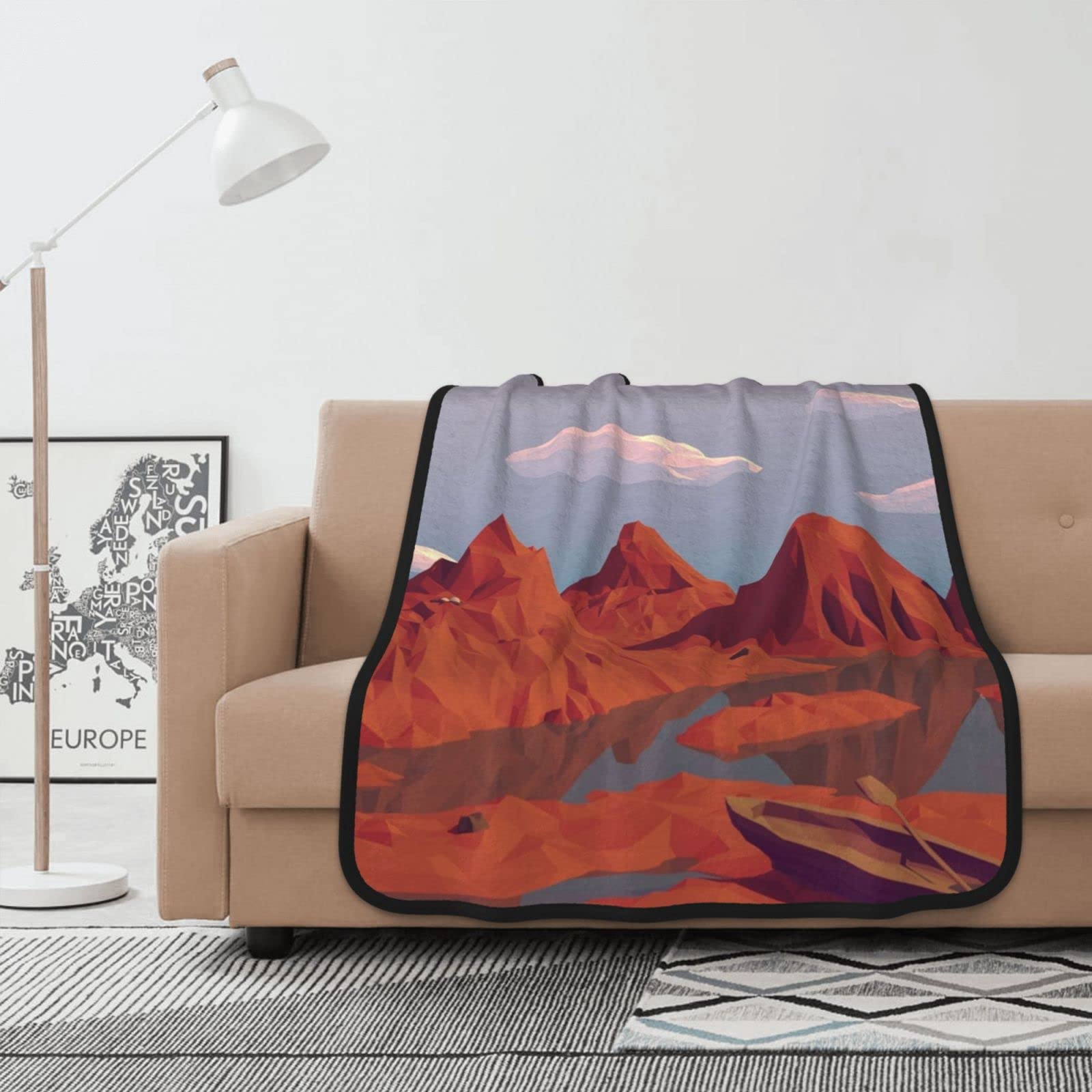 Couverture en flanelle montagne rouge et bateau double face pour canapé 100x127 cm